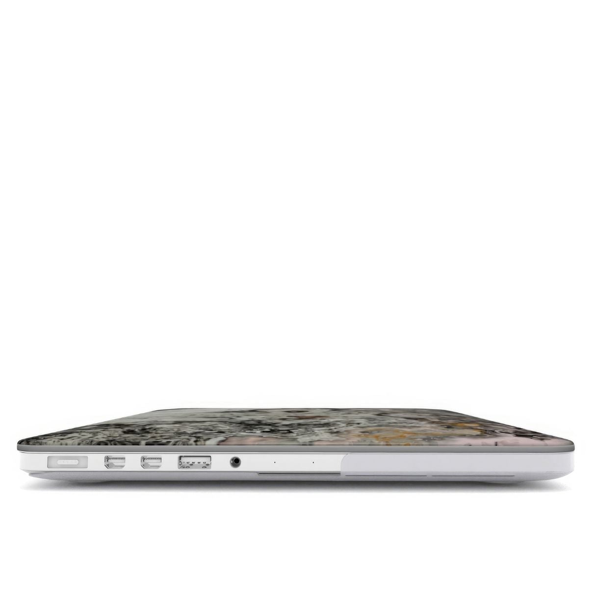 MacBook case closed view; Full Moon pattern, marble pattern; moon surface imagination. Bold expressive aesthetic design. Colorful and interior fit.