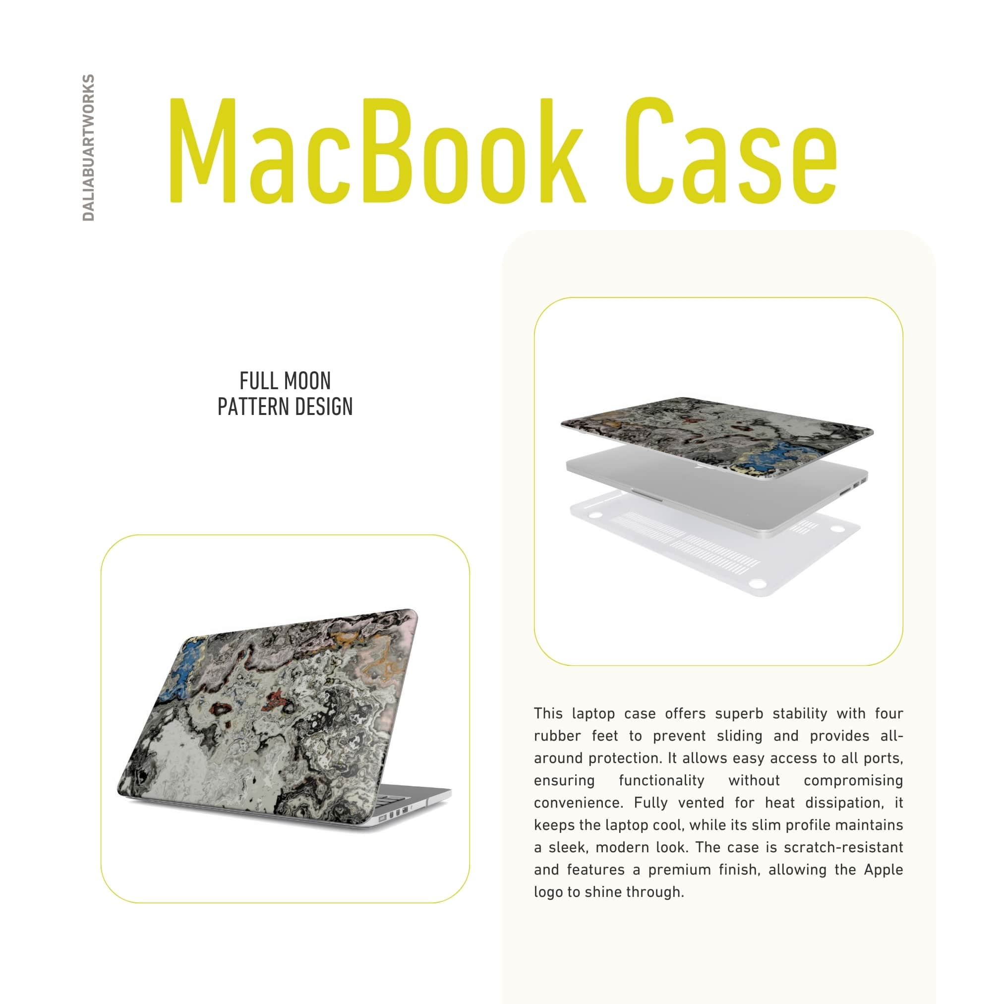 MacBook case side view; Full Moon pattern, marble pattern; moon surface imagination. Description about laptop case ventilation features.