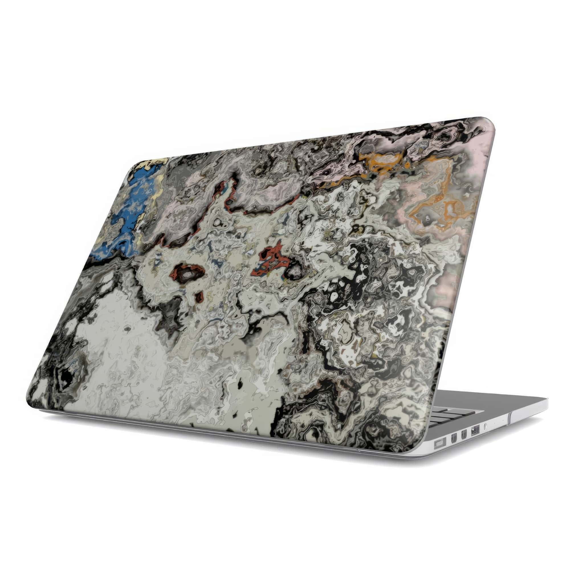 MacBook case side view; Full Moon pattern, marble pattern; moon surface imagination. Bold expressive aesthetic design. Colorful and interior fit.