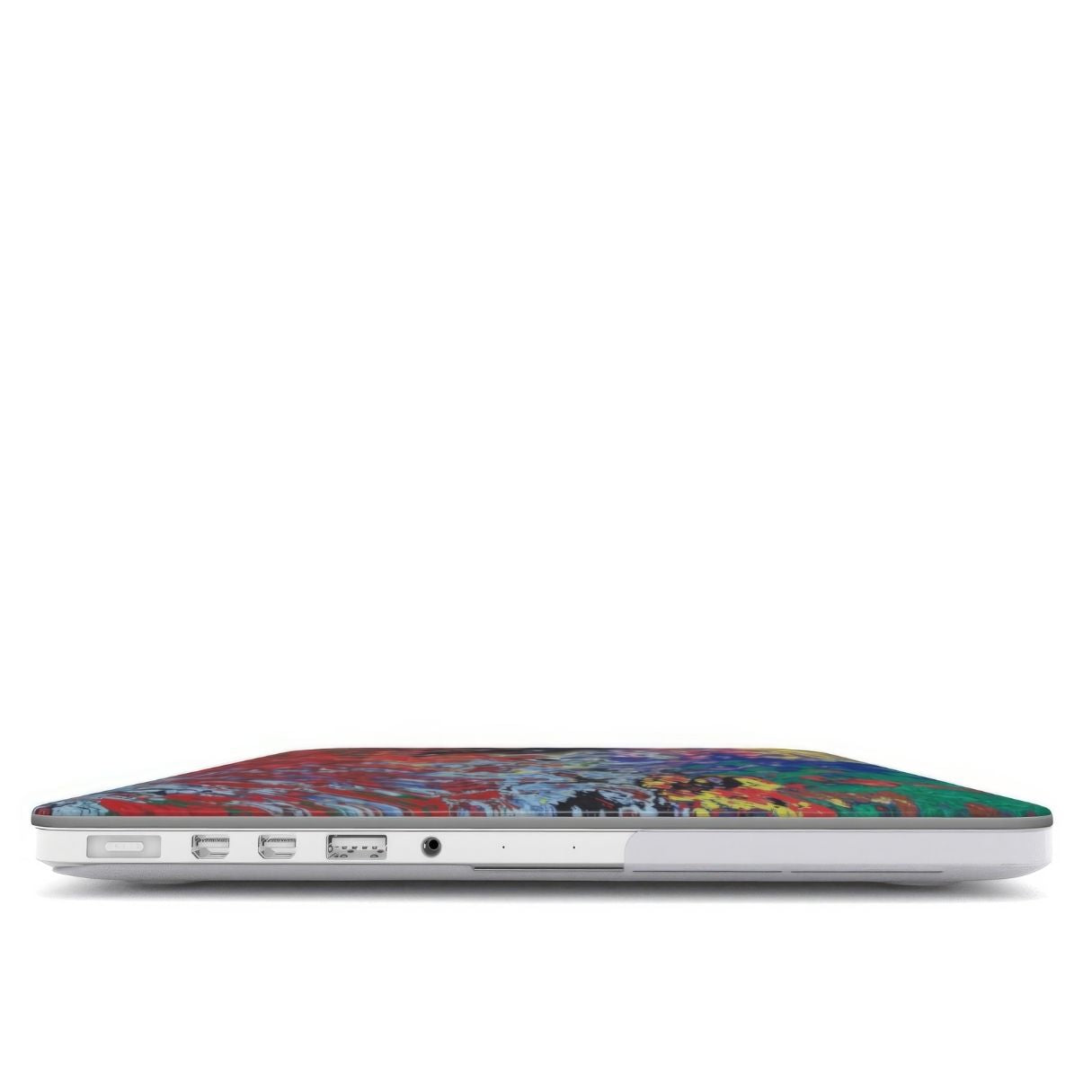 MacBook case with a bold vivid pattern Graffiti Pulse abstract and artistic style, featuring an elegant and expressive aesthetic design. Main colors are red, blue, black and yellow. Closed viw.