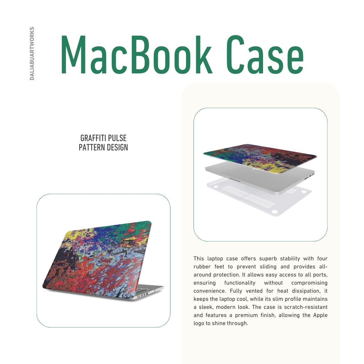 MacBook case with a bold vivid pattern Graffiti Pulse abstract and artistic style, featuring an elegant and expressive aesthetic design. Main colors are red, blue, black and yellow. Description.