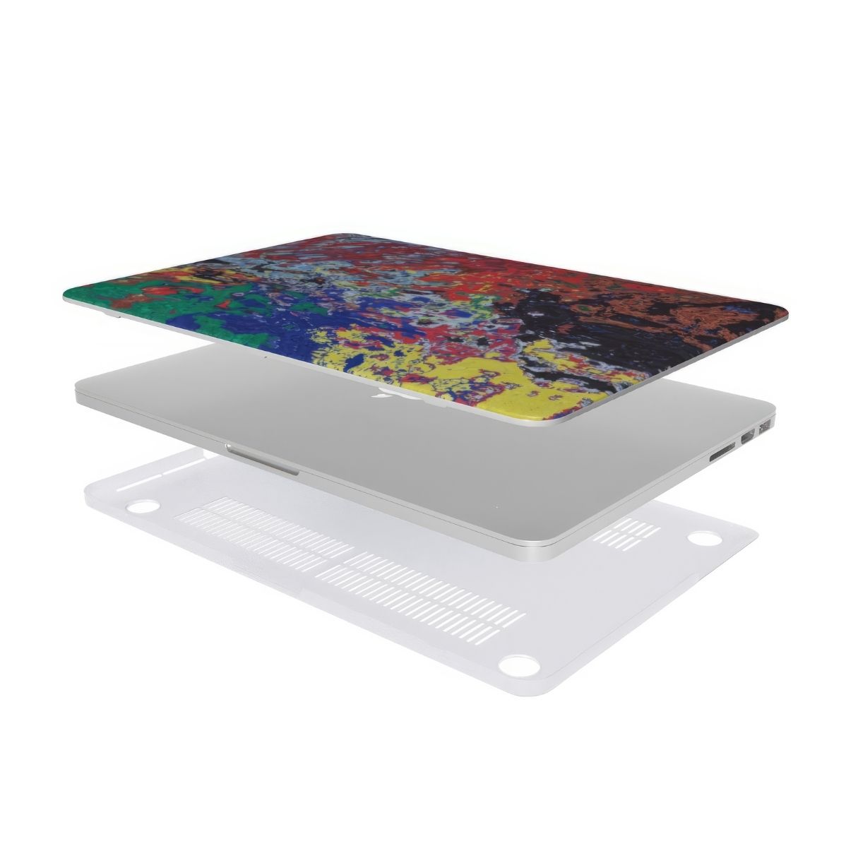 MacBook case with a bold vivid pattern Graffiti Pulse abstract and artistic style, featuring an elegant and expressive aesthetic design. Main colors are red, blue, black and yellow. Extend view.