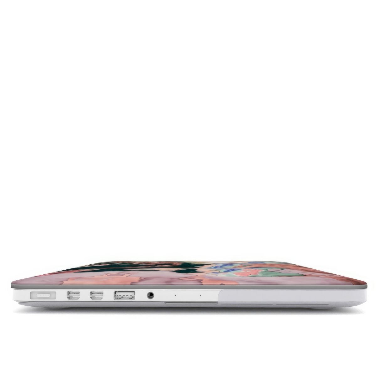 MacBook case with a bold vivid pattern Green Not Grass abstract and artistic style, featuring an elegant and expressive aesthetic design. Main colors are green and pink hues. Closed view.