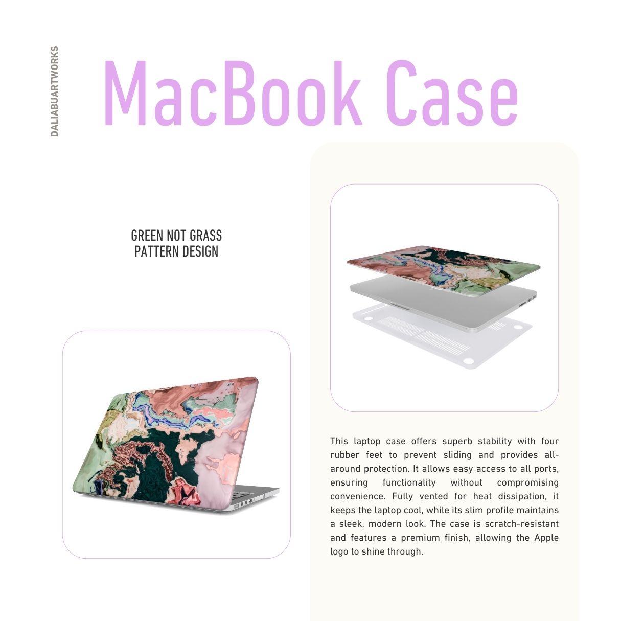 MacBook case with a bold vivid pattern Green Not Grass abstract and artistic style, featuring an elegant and expressive aesthetic design. Main colors are green and pink hues. Description.