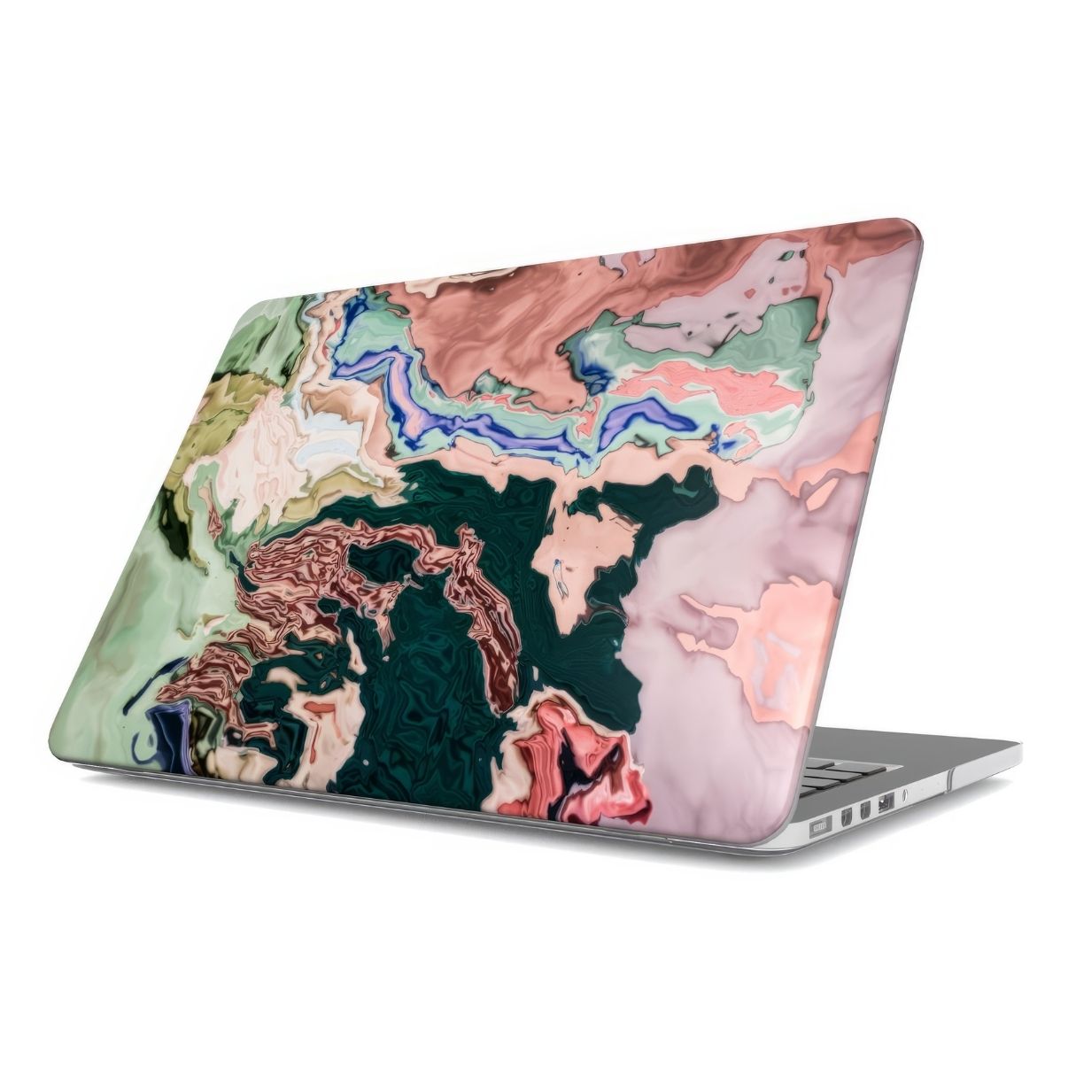 MacBook case with a bold vivid pattern Green Not Grass abstract and artistic style, featuring an elegant and expressive aesthetic design. Main colors are green and pink hues. Side view.