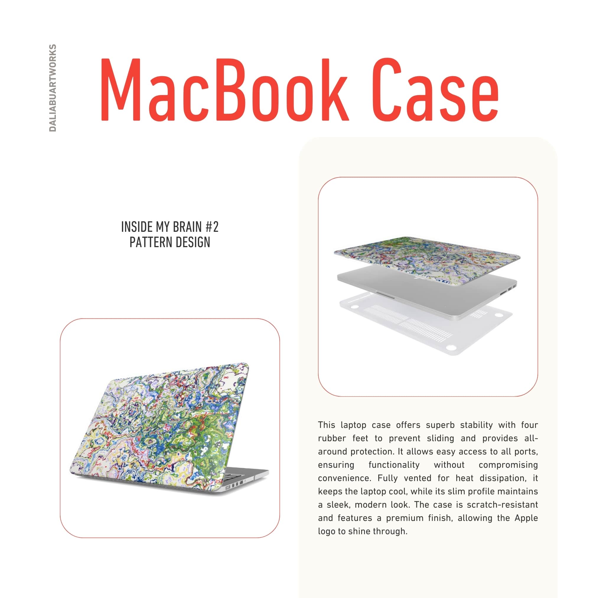 MacBook case side view; Inside My Brain 2 pattern, artistic, abstract marble pattern. Blue, green and red color combination. 
