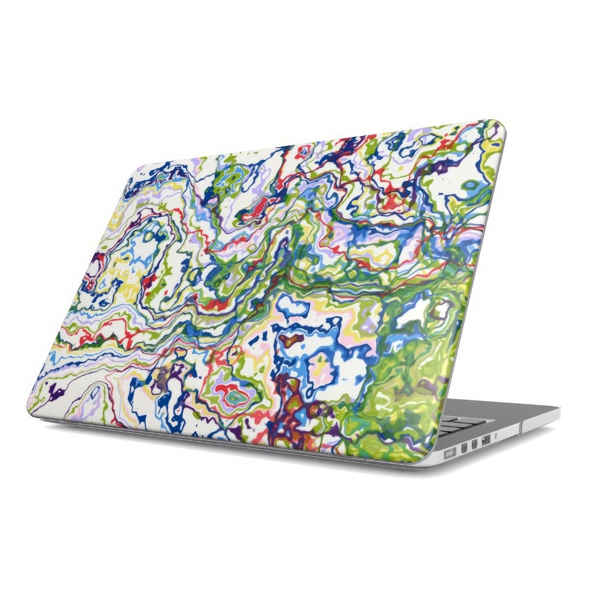 MacBook case front side view; Inside My Brain pattern, artistic, abstract marble pattern. Mix color combination. Bold expressive aesthetic design. Colorful and interior fit.