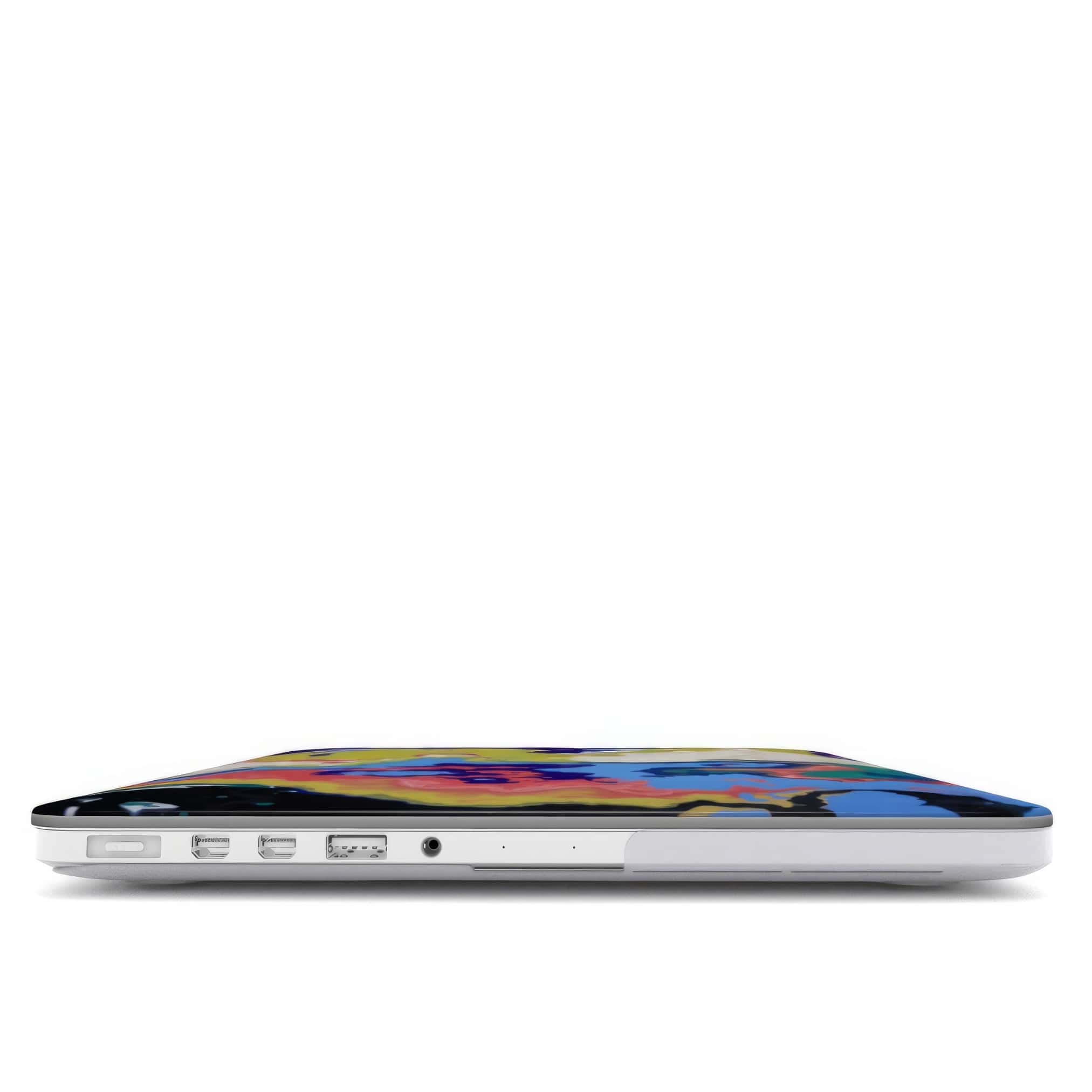 MacBook case closed view; Jamaica pattern, artistic, abstract marble pattern. Dark blue, yellow and white color combination.