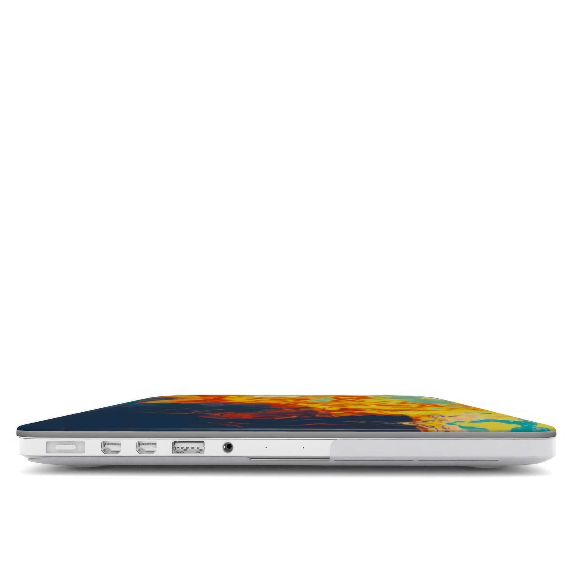 MacBook case with a bold vivid pattern in marble abstract and artistic style, featuring an elegant and expressive aesthetic design. Main colors are navy deep blue, rich yellow, red and marine blue. Closed view.