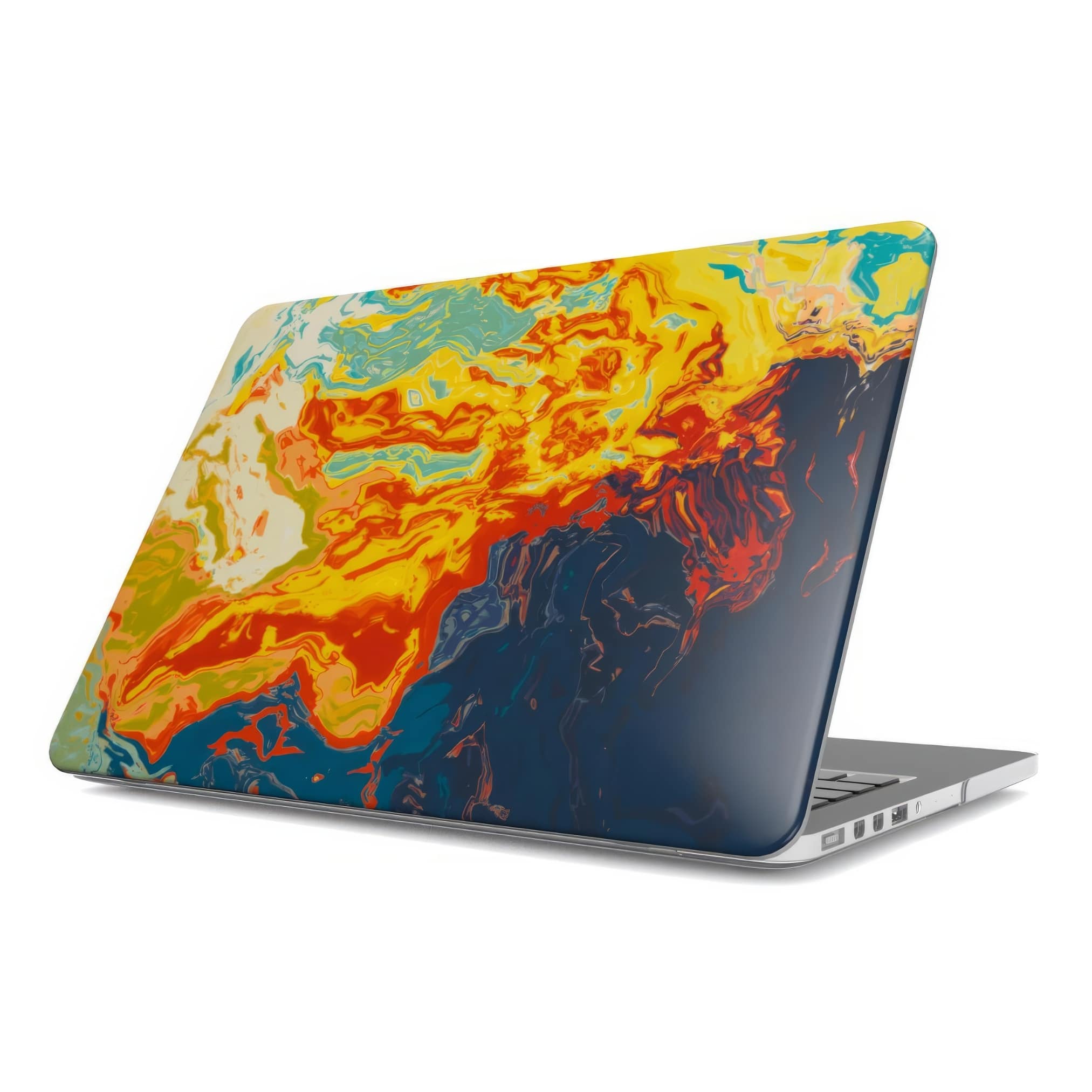 MacBook case with a bold vivid pattern in marble abstract and artistic style, featuring an elegant and expressive aesthetic design. Main colors are navy deep blue, rich yellow, red and marine blue. Front view.