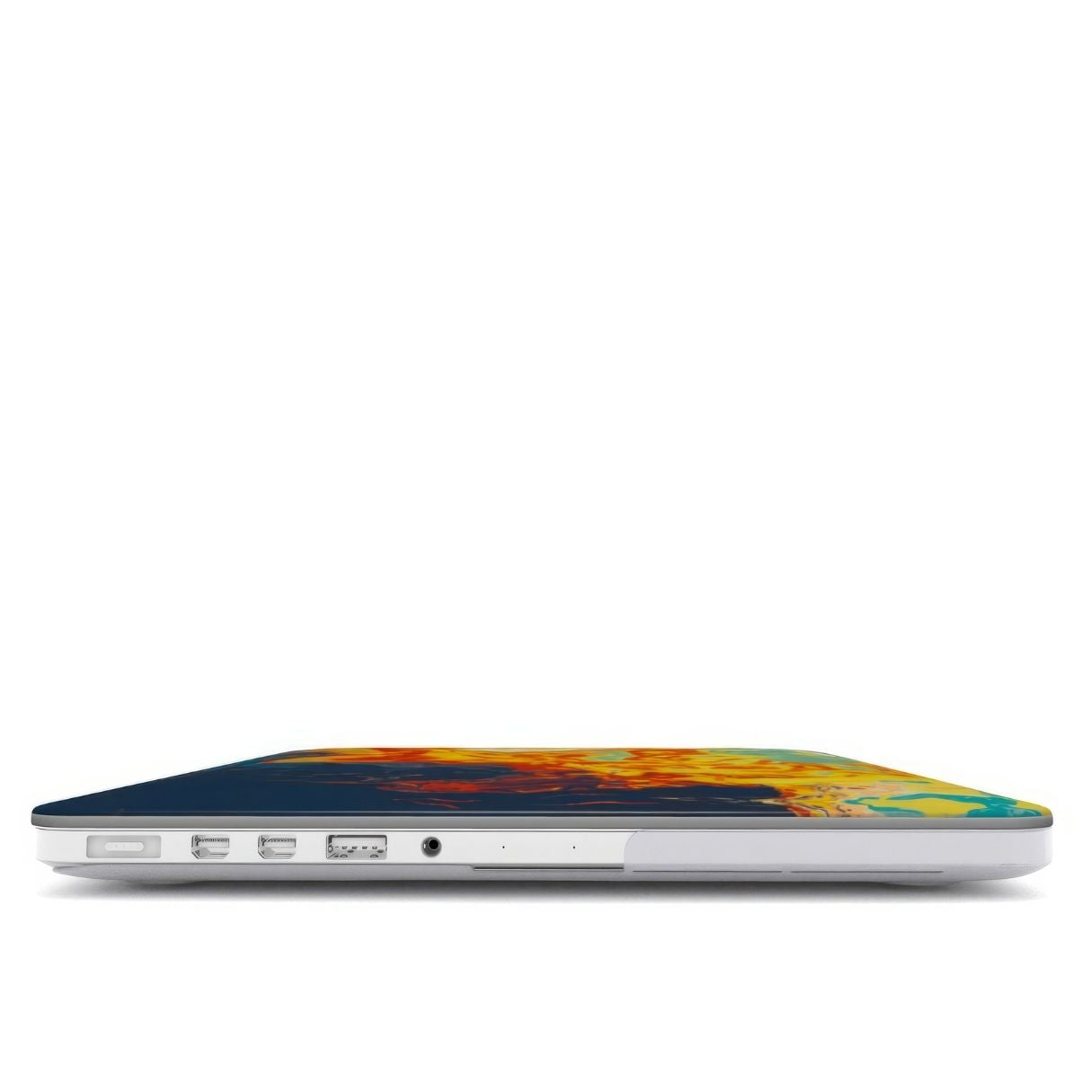 MacBook case with a bold vivid pattern in marble abstract and artistic style, featuring an elegant and expressive aesthetic design. Main colors are navy deep blue, rich yellow, red and marine blue. Closed view.