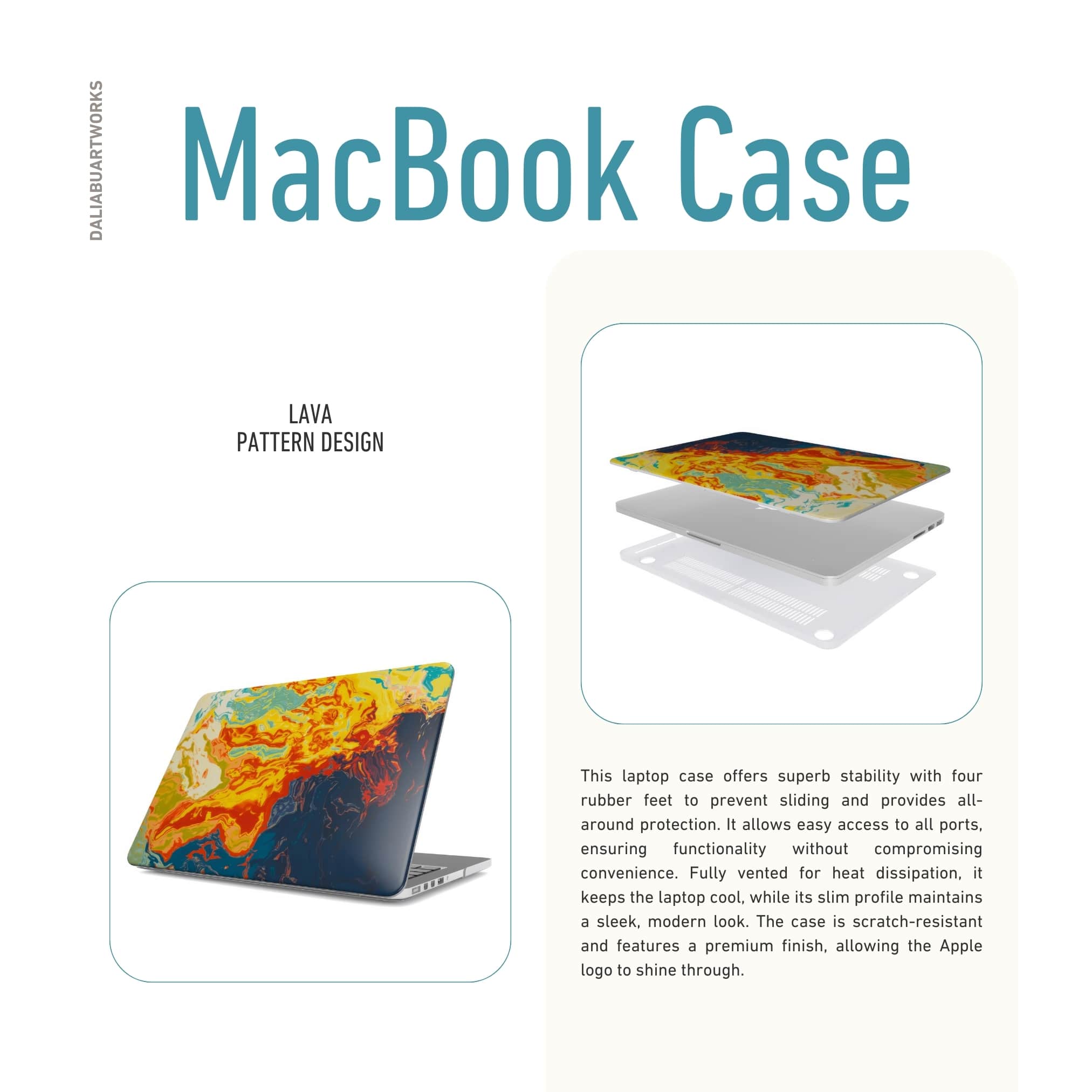MacBook case with a bold vivid pattern in marble abstract and artistic style, featuring an elegant and expressive aesthetic design. Main colors are navy deep blue, rich yellow, red and marine blue. Details about ventilation benefits.