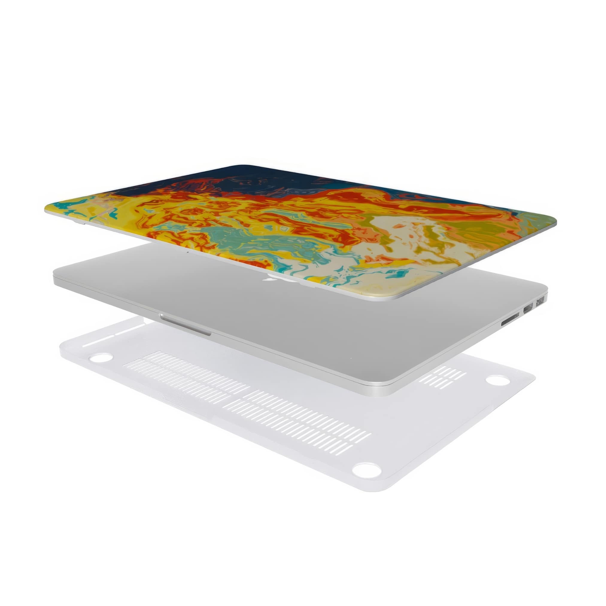 MacBook case with a bold vivid pattern in marble abstract and artistic style, featuring an elegant and expressive aesthetic design. Main colors are navy deep blue, rich yellow, red and marine blue. Extend view.