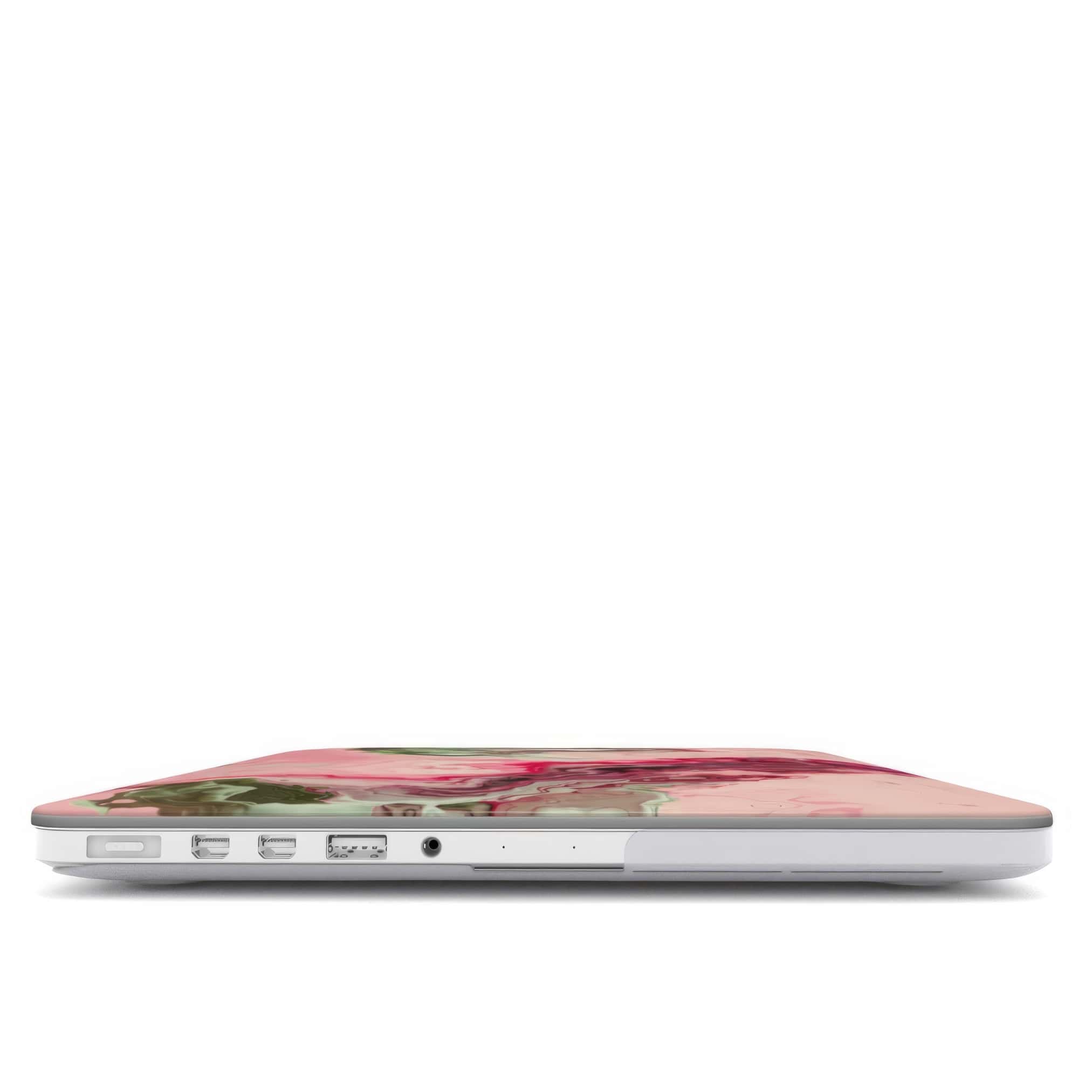MacBook case with a bold vivid pattern Like Flamingo 1 in marble abstract and artistic style, featuring an elegant and expressive aesthetic design. Main colors are pink and green. Closed view.