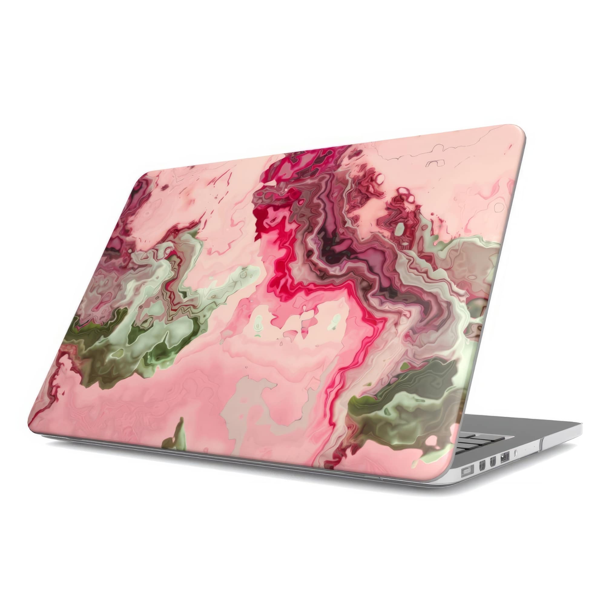 MacBook case with a bold vivid pattern Like Flamingo 1 in marble abstract and artistic style, featuring an elegant and expressive aesthetic design. Main colors are pink and green. Side view.
