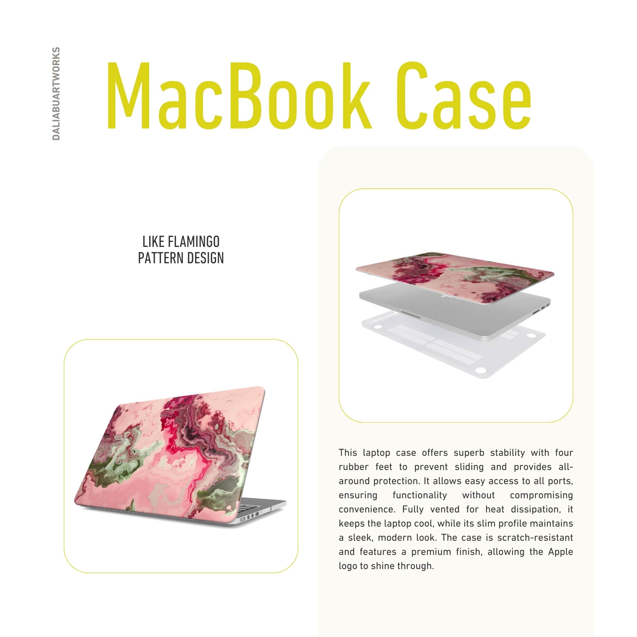 MacBook case with a bold vivid pattern Like Flamingo in marble abstract and artistic style, featuring an elegant and expressive aesthetic design. Main colors are pink and green. Description.