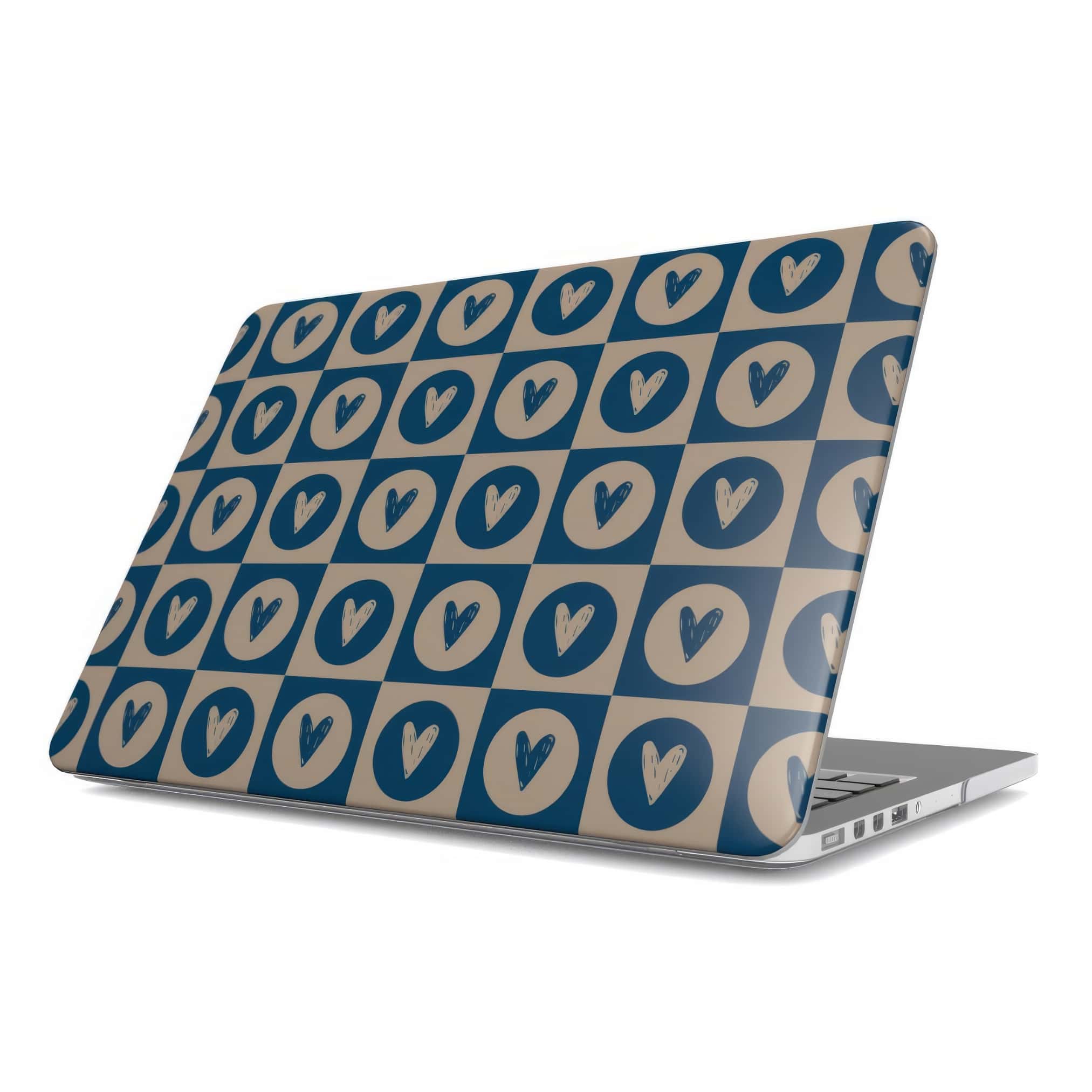 MacBook case LovDot 2 pattern design with a dynamic geometric symmetry in heart and dot style, featuring an elegant and expressive aesthetic design. Main colors are steel blue and light brown. Front view.