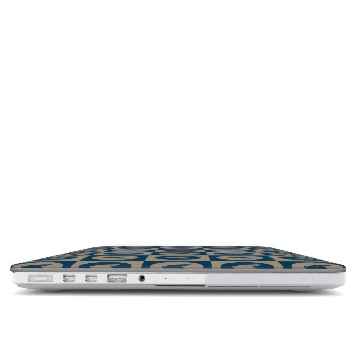 MacBook case LovDot Blue pattern design with a dynamic geometric symmetry in heart and dot style, featuring an elegant and expressive aesthetic design. Main colors are steel blue and light brown. Closed view.