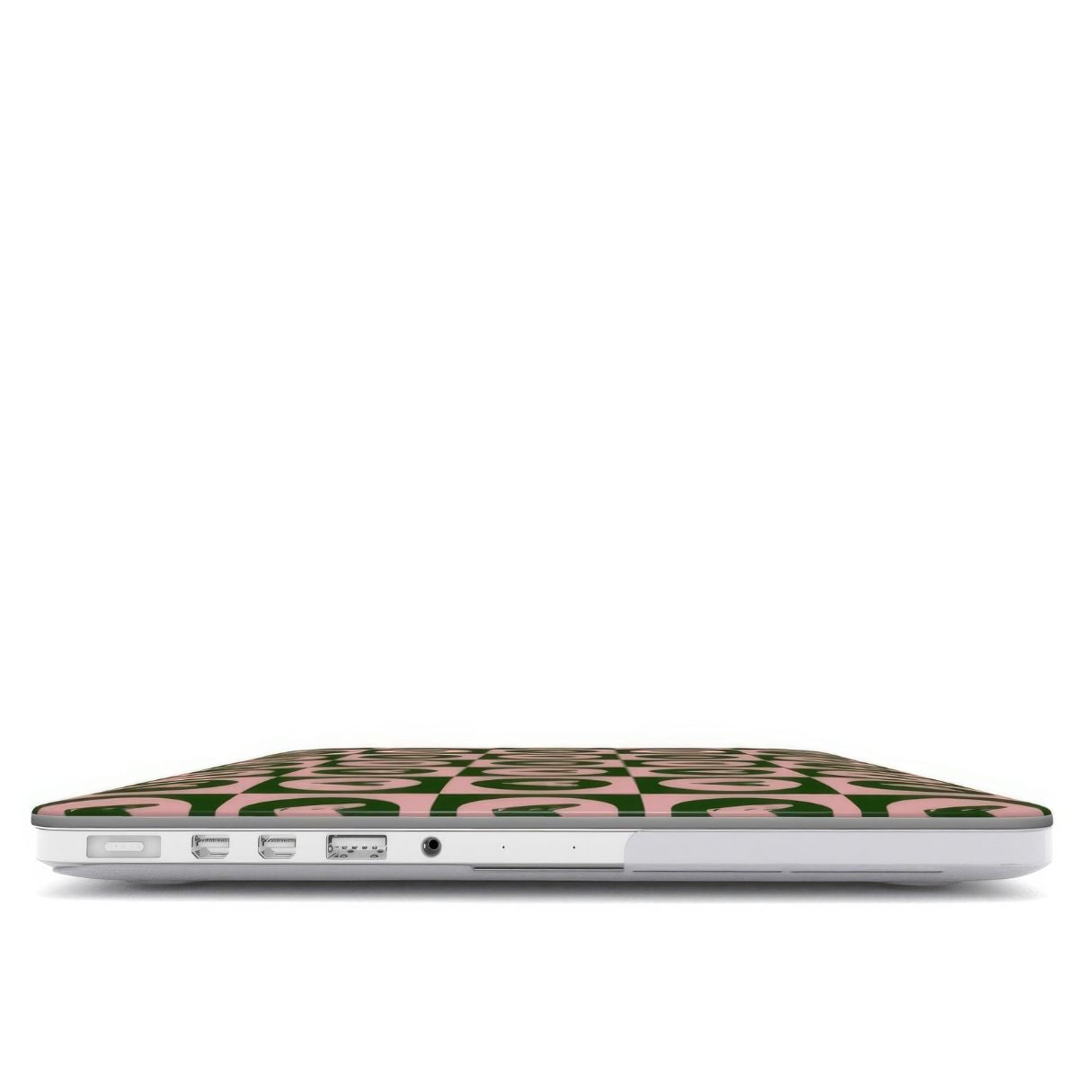 MacBook case LovDot Vintage Rose pattern design with a dynamic geometric symmetry in heart and dot style, featuring an elegant and expressive aesthetic design. Main colors are vintage pink and green. Closed view.