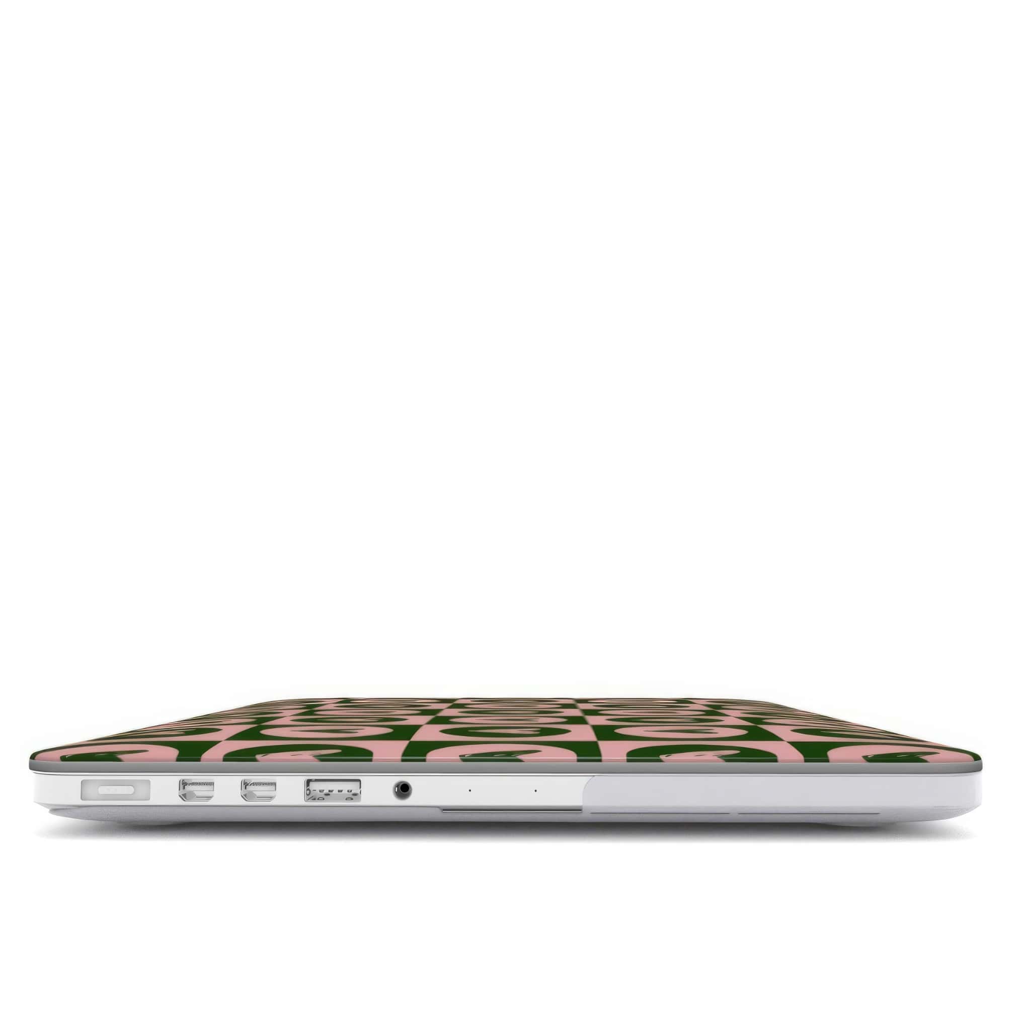 MacBook case LovDot Vintage Rose pattern design with a dynamic geometric symmetry in heart and dot style, featuring an elegant and expressive aesthetic design. Main colors are vintage pink and green. Closed view.