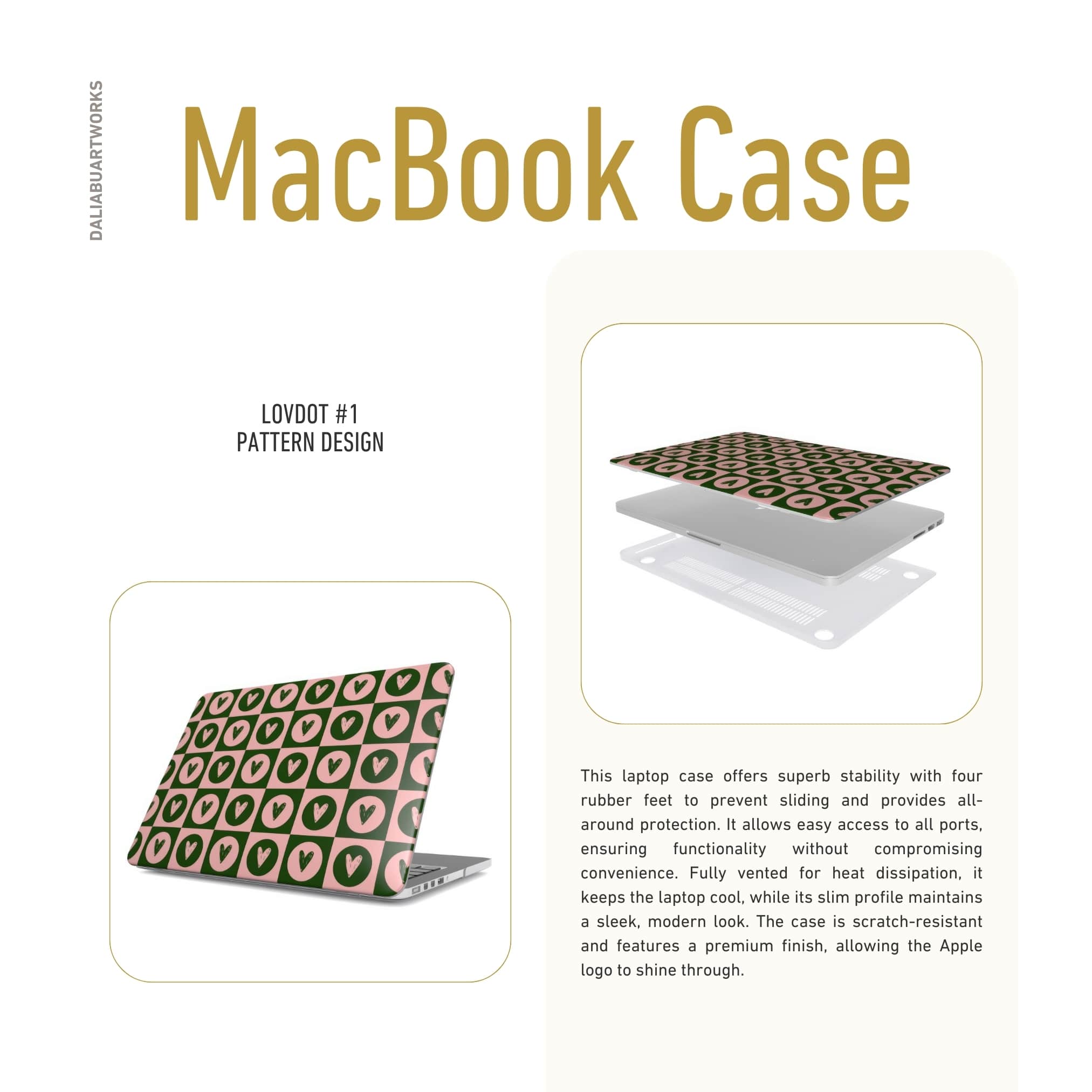MacBook case LovDot Vintage Rose pattern design with a dynamic geometric symmetry in heart and dot style, featuring an elegant and expressive aesthetic design. Main colors are vintage pink and green. Front view and benefits about ventilation features.