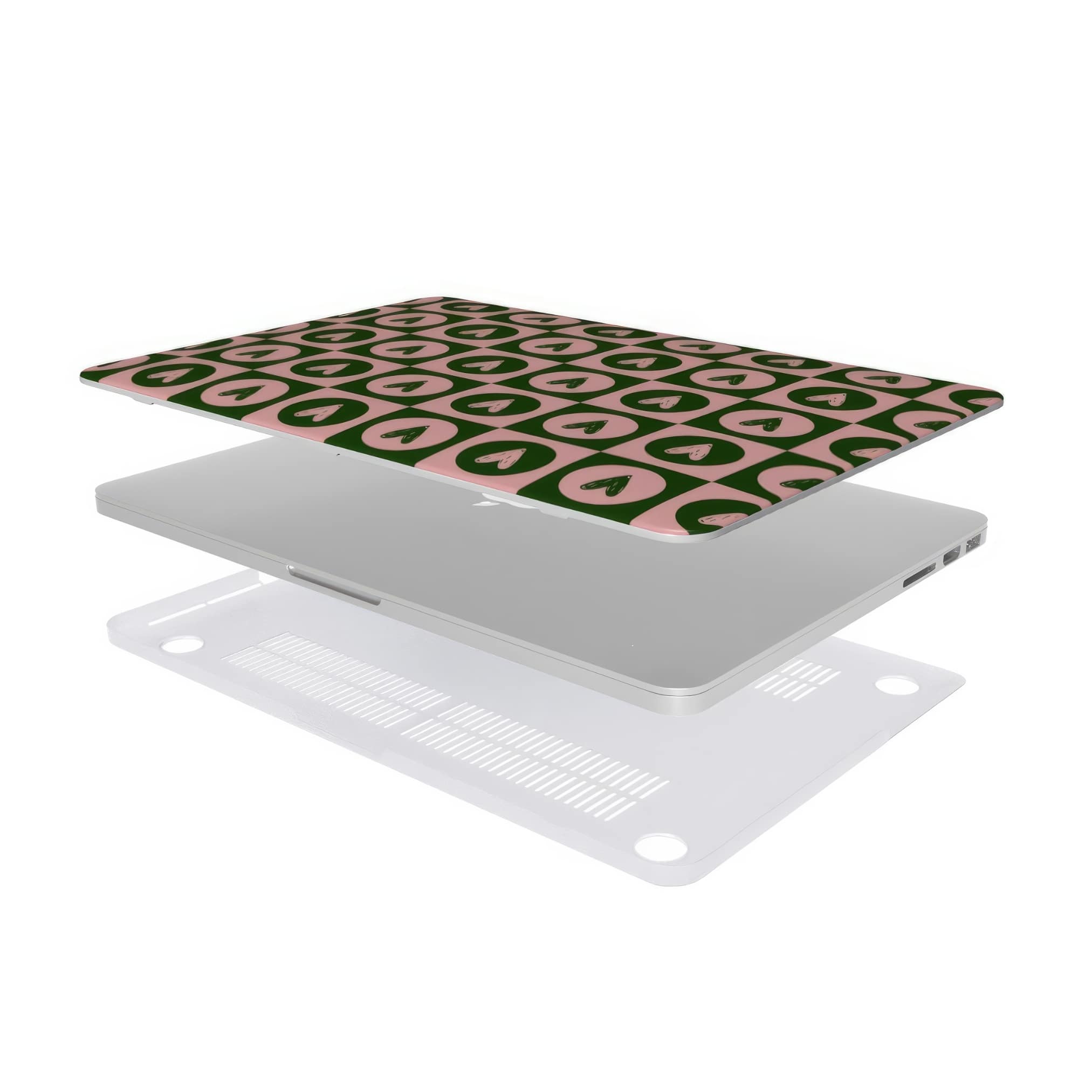 MacBook case LovDot Vintage Rose pattern design with a dynamic geometric symmetry in heart and dot style, featuring an elegant and expressive aesthetic design. Main colors are vintage pink and green. Extend view.
