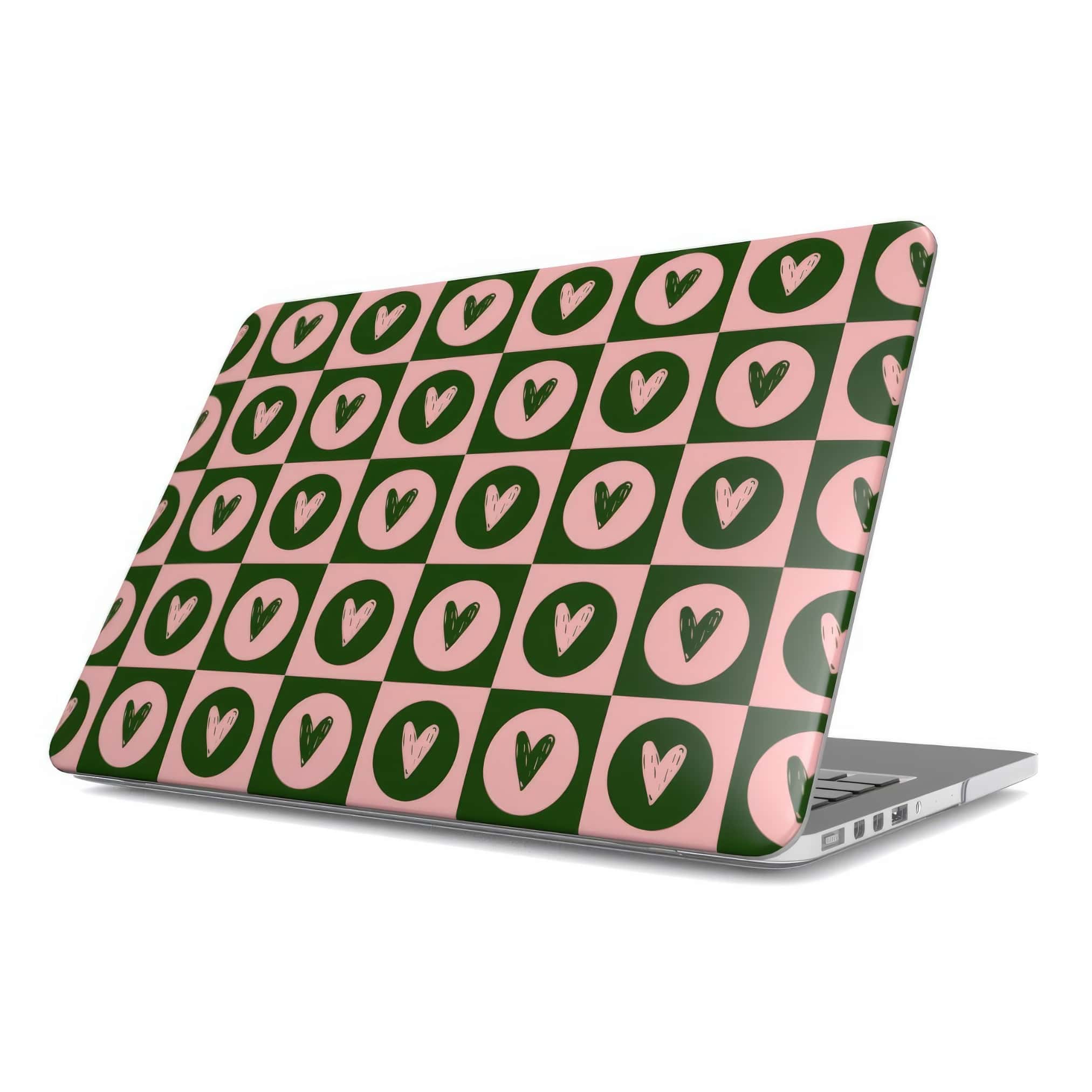 MacBook case LovDot Vintage Rose pattern design with a dynamic geometric symmetry in heart and dot style, featuring an elegant and expressive aesthetic design. Main colors are vintage pink and green. Side view.