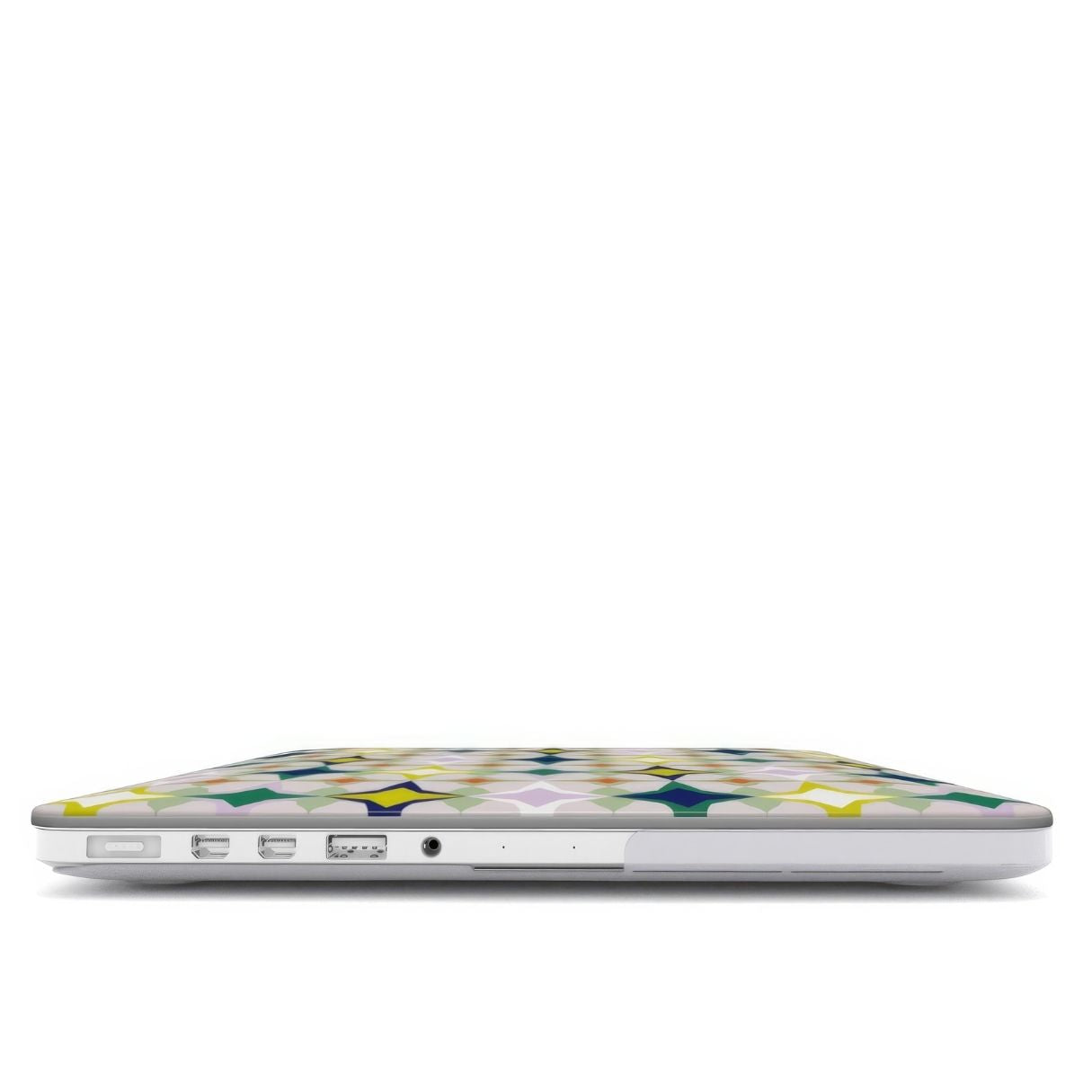 MacBook case Magic Spring pattern design with a dynamic geometric symmetry in geometric style, featuring an elegant and expressive aesthetic design. Main colors are green, yellow, orange red and deep blue. Closed view.