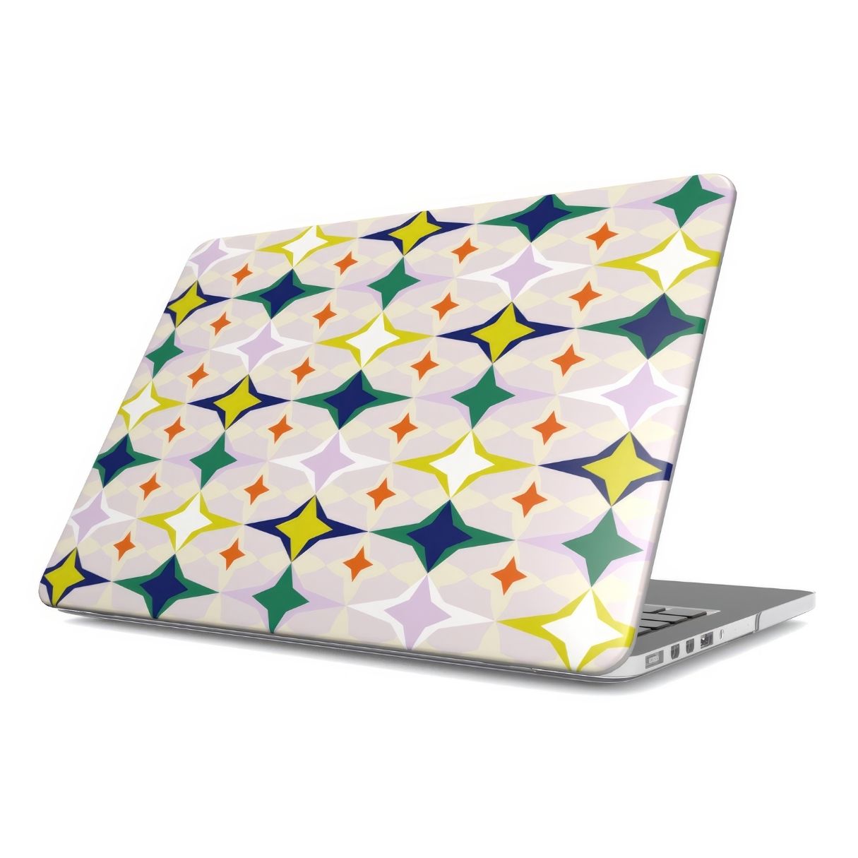 MacBook case Magic Summer pattern design with a dynamic geometric symmetry in geometric style, featuring an elegant and expressive aesthetic design. Main colors are green, yellow, orange red and lilac. Side view.