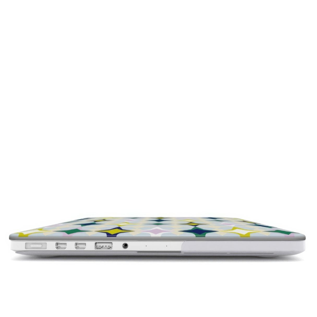 MacBook case Magic Winter pattern design with a dynamic geometric symmetry in geometric style, featuring an elegant and expressive aesthetic design. Main colors are divine blue, yellow, green and deep blue. Closed view.