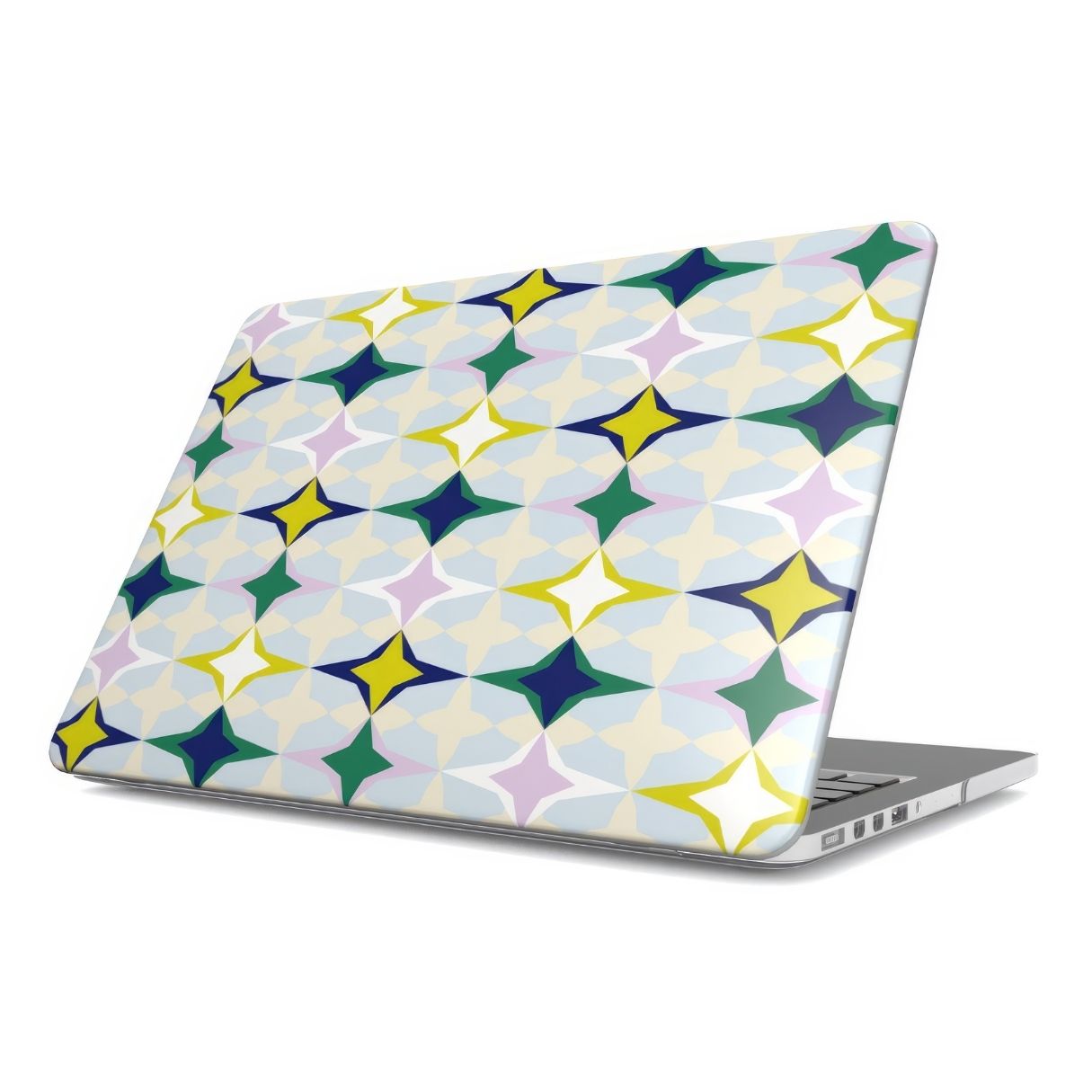 MacBook case Magic Winter pattern design with a dynamic geometric symmetry in geometric style, featuring an elegant and expressive aesthetic design. Main colors are divine blue, yellow, green and deep blue. Side view.