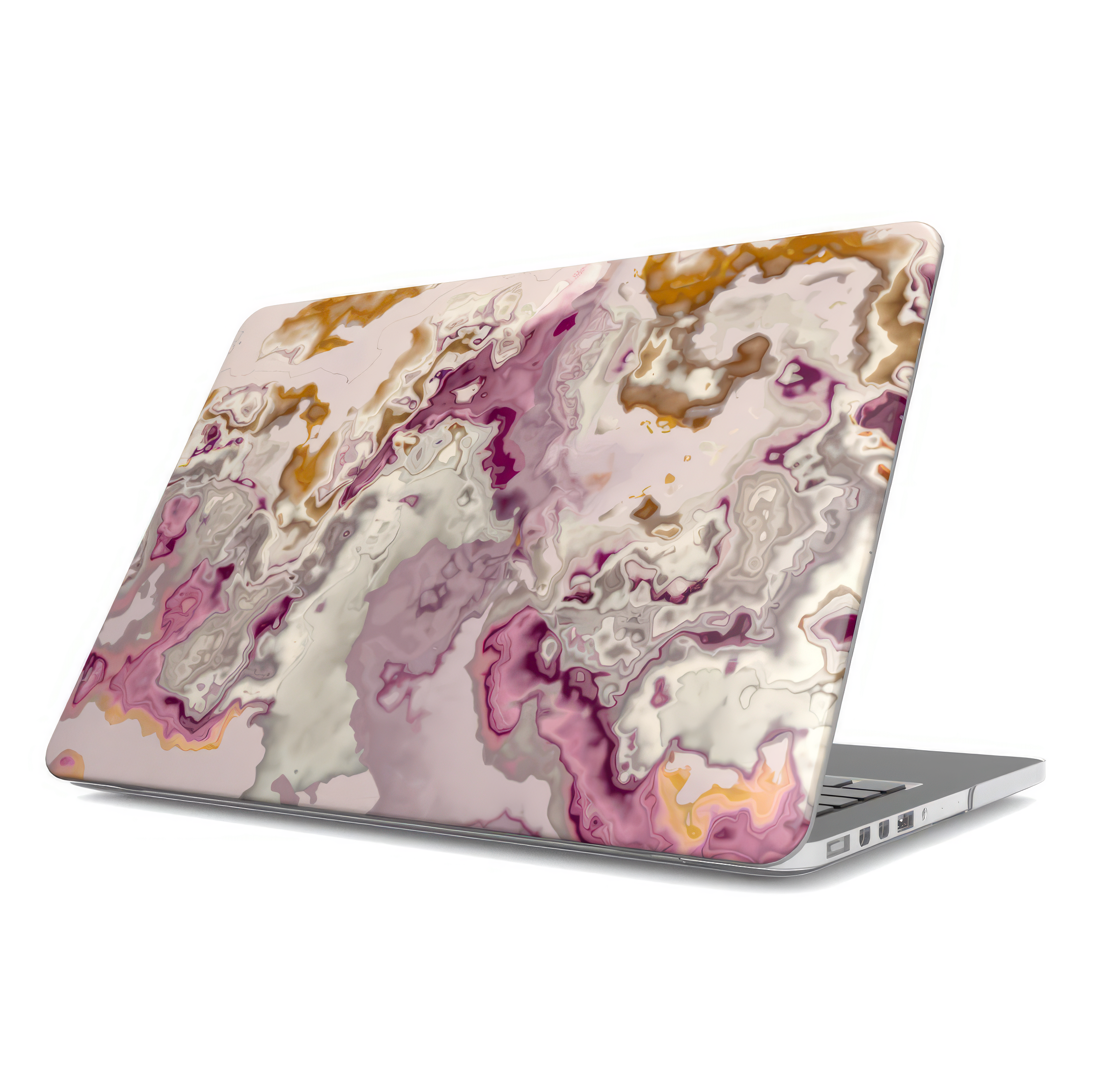 MacBook case side view; Marshmallow 1 pattern, artistic, abstract marble pattern. Pink and beige color combination.