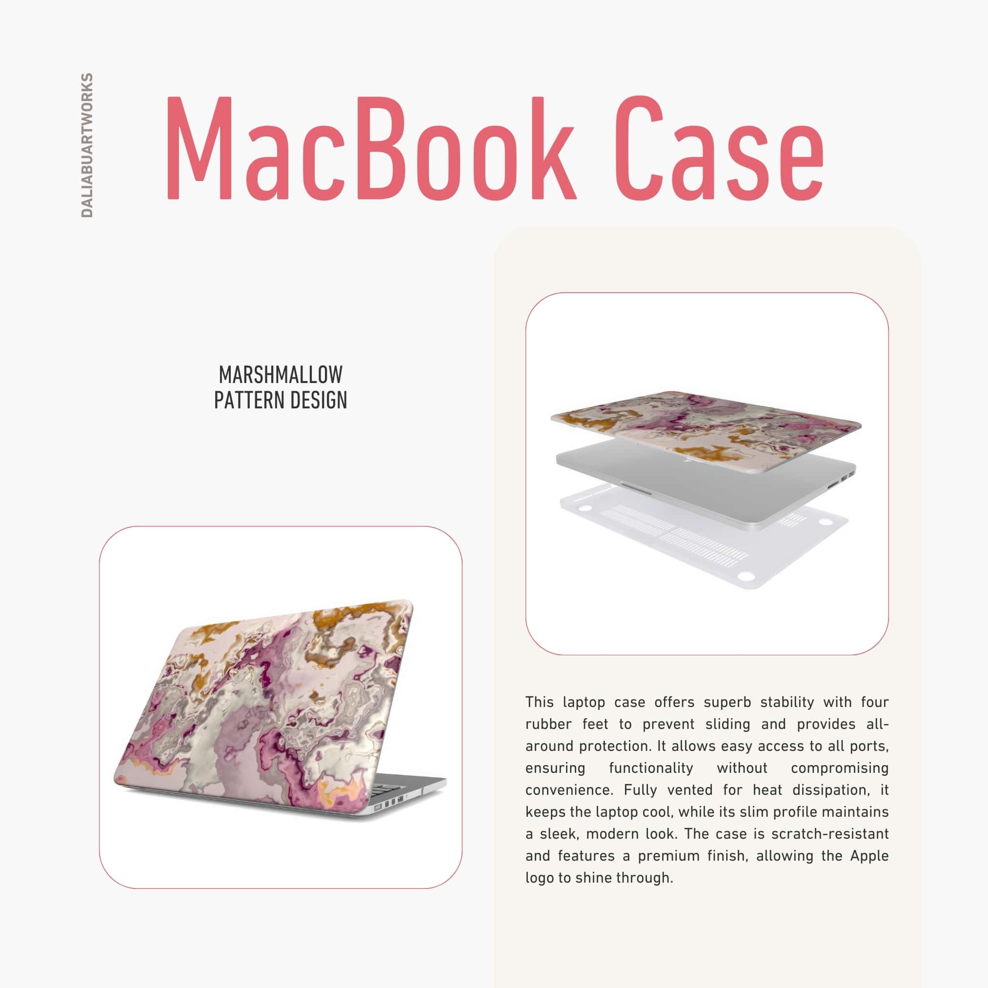 MacBook case side view; Marshmallow pattern, artistic, abstract marble pattern. Pink and beige color combination.