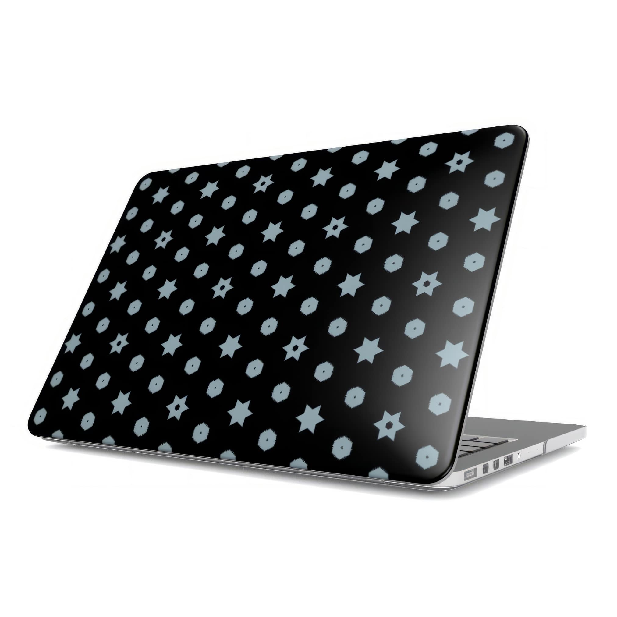 MacBook case side view; midnight stars 1 pattern, ornamental pattern; kaleidoscope pattern imagination. Bold expressive aesthetic design. Colorful and interior fit.