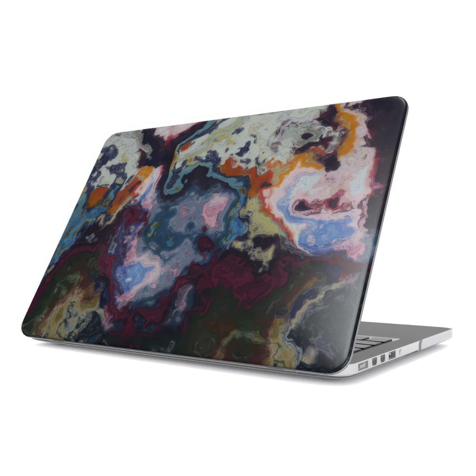 MacBook case open side view; Molten Berries 1 pattern, artistic, abstract marble pattern. Deep. purple color. Bold expressive aesthetic design. Colorful and interior fit.