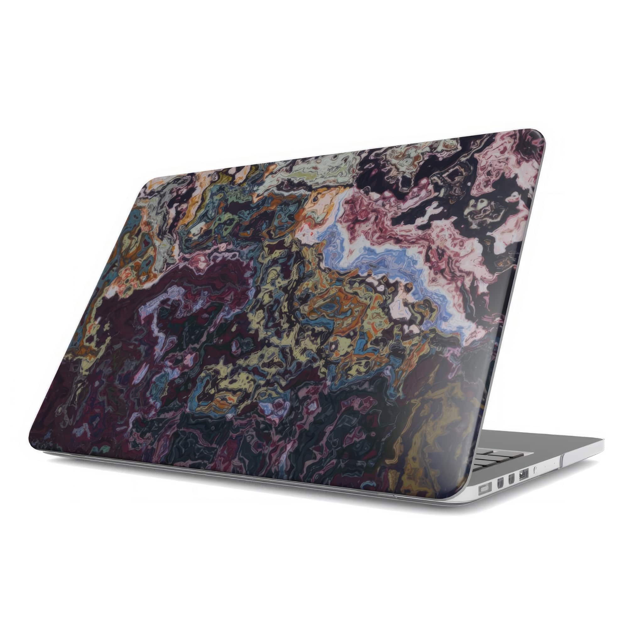MacBook case front view; Molten Berries 2 pattern, artistic, abstract marble pattern. Deep. purple color. Bold expressive aesthetic design. Colorful and interior fit.