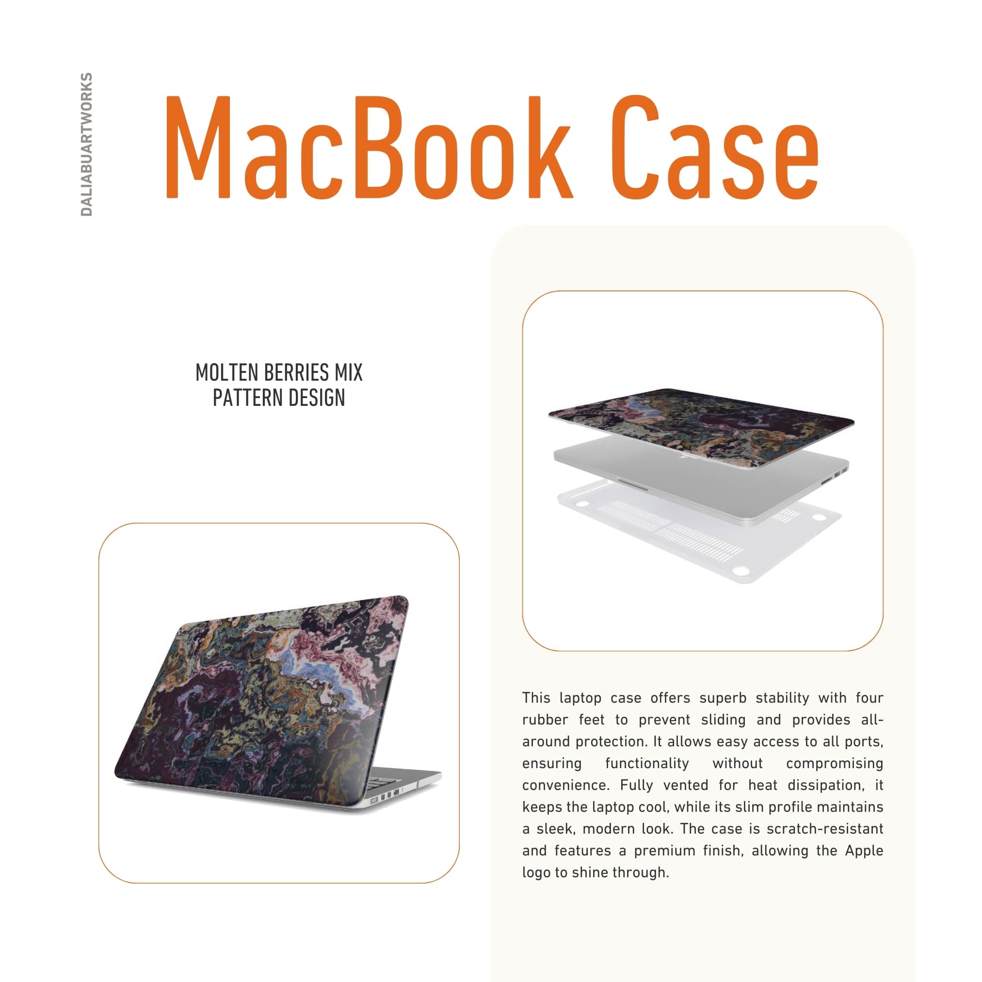 MacBook case front view; Molten Berries Mix pattern, artistic, abstract marble pattern. Deep. purple color. Description about laptop case ventilation features.