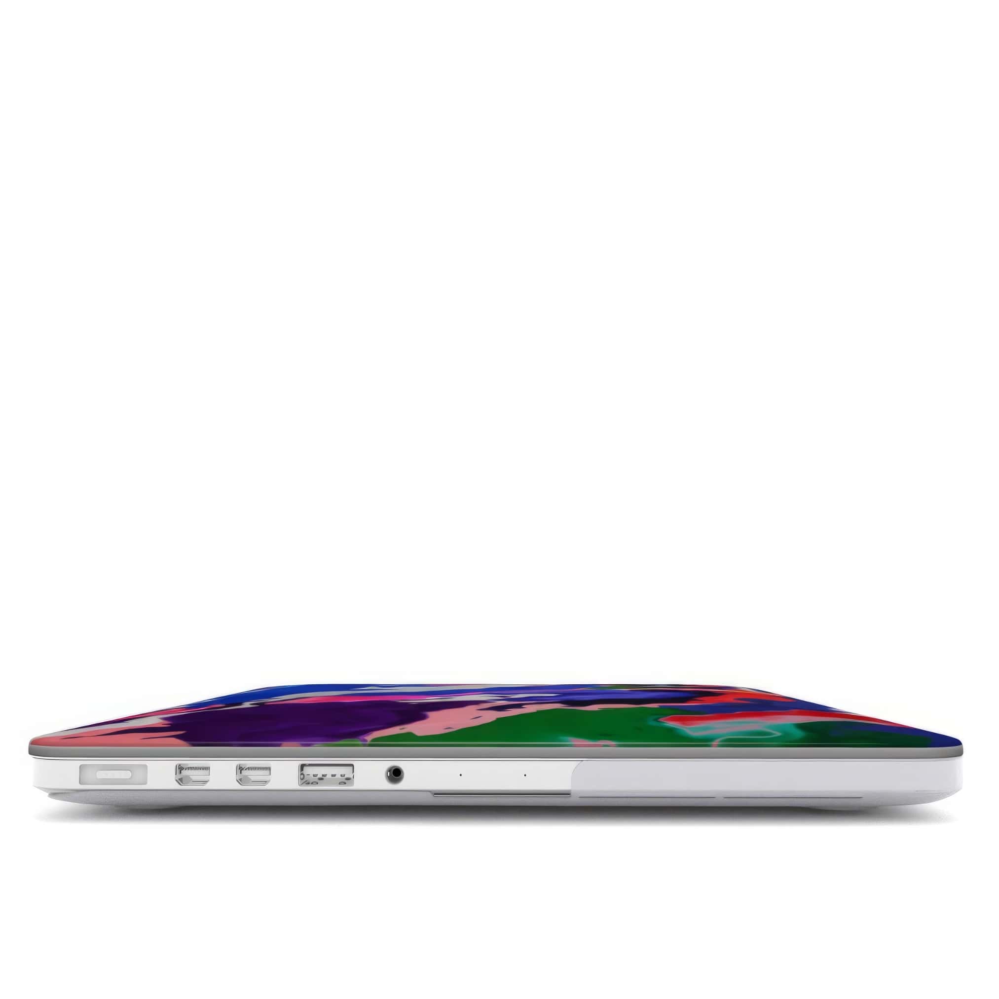 MacBook case closed view; Nebula Drift pattern, artistic, abstract marble pattern. Blue and purple color combination. Bold expressive aesthetic design. Colorful and interior fit. Elegant.