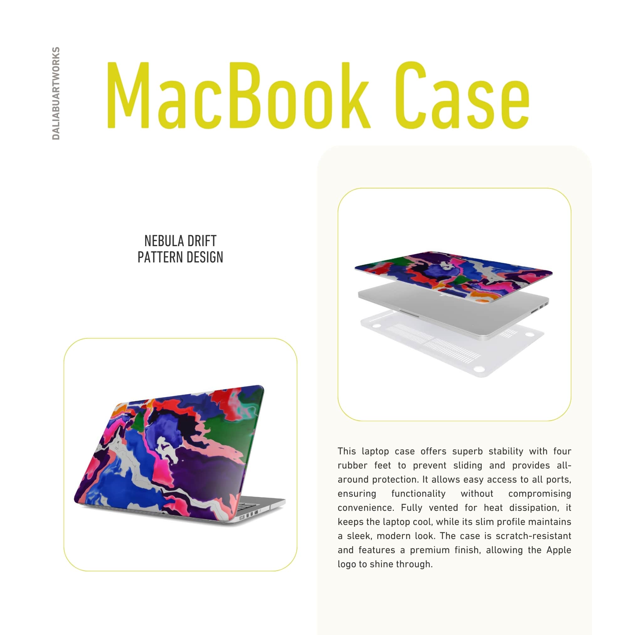 MacBook case description; Nebula Drift pattern, artistic, abstract marble pattern. Blue and purple color combination. Bold expressive aesthetic design. Colorful and interior fit. Elegant.