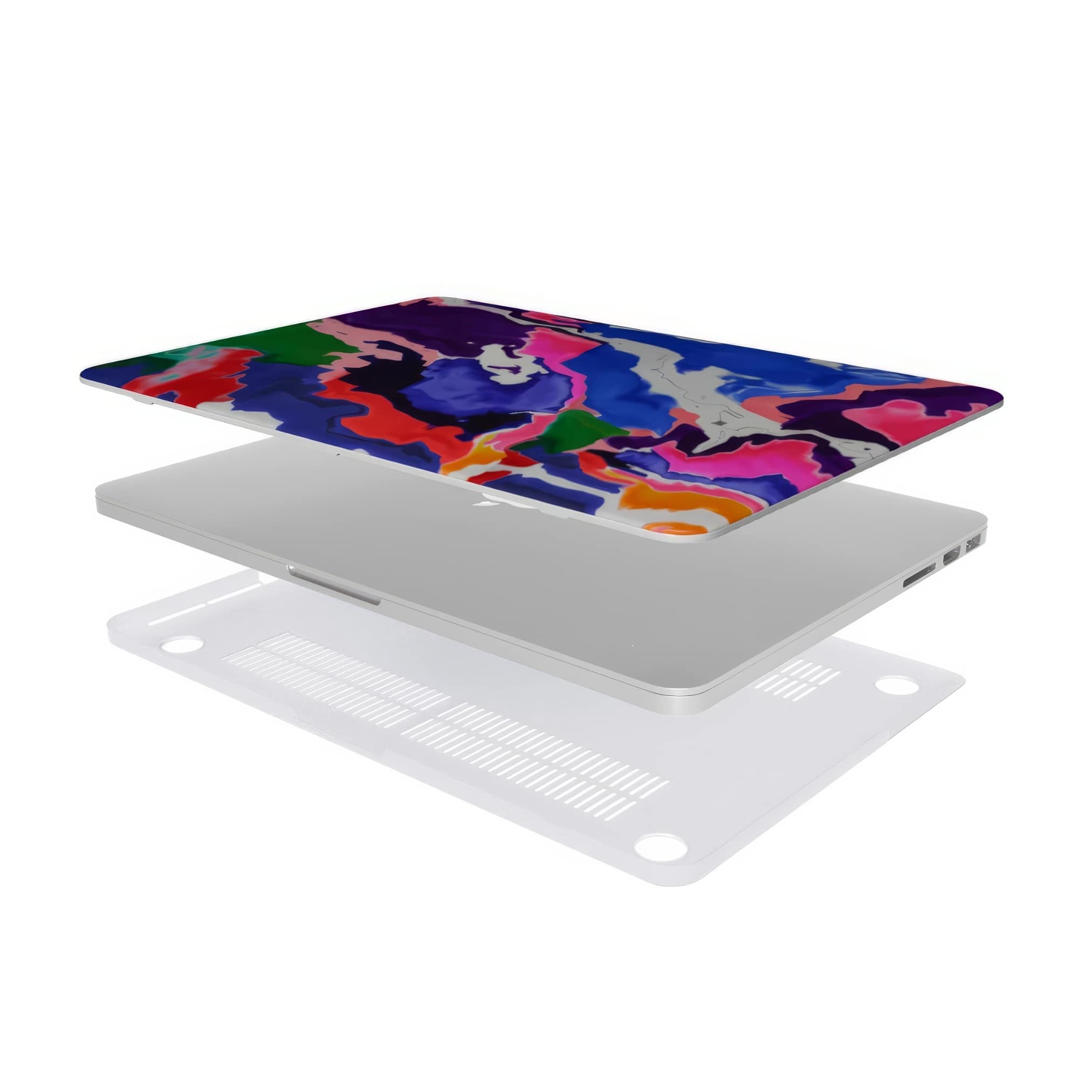 MacBook case extend view; Nebula Drift pattern, artistic, abstract marble pattern. Blue and purple color combination. Bold expressive aesthetic design. Colorful and interior fit. Elegant.