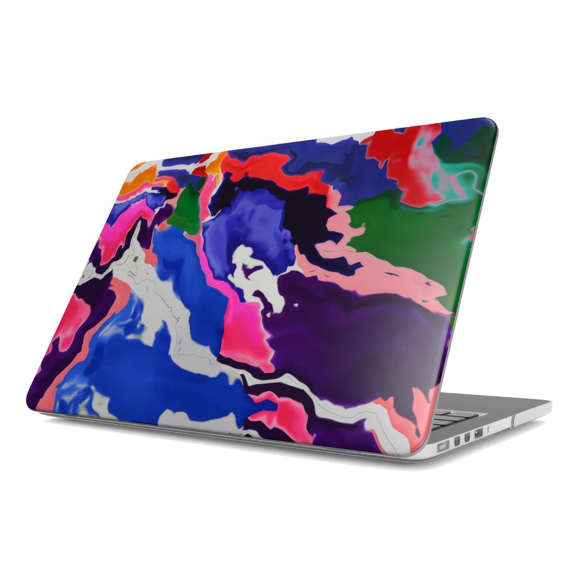 MacBook case side view; Nebula Drift pattern, artistic, abstract marble pattern. Blue and purple color combination. Bold expressive aesthetic design. Colorful and interior fit. Elegant.