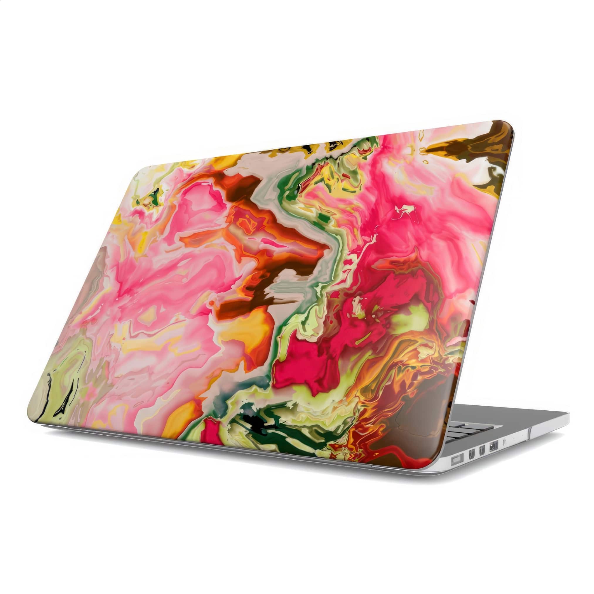 MacBook case side view; Neon Pink 1 pattern, artistic, abstract marble pattern. Pink and green color combination. Bold expressive aesthetic design. Colorful and interior fit.