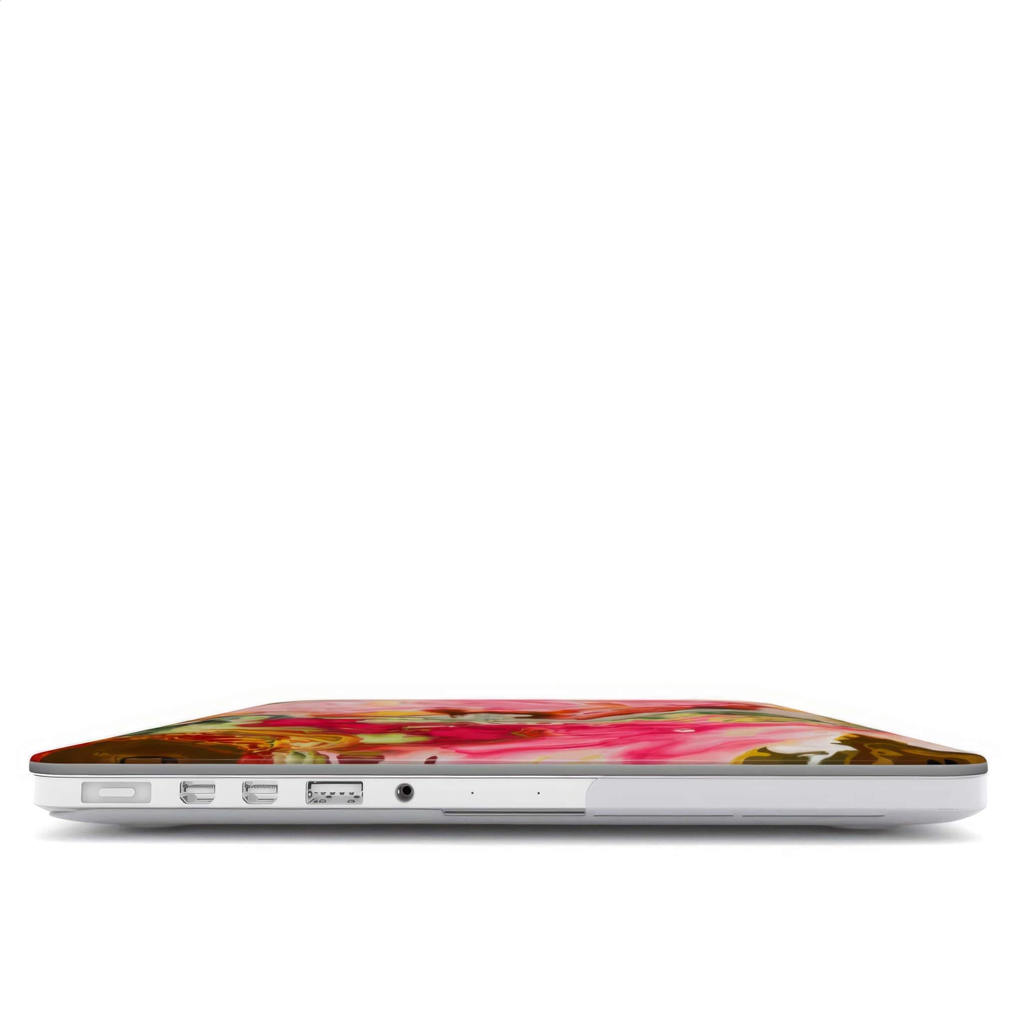 MacBook case closed view; Neon Pink pattern, artistic, abstract marble pattern. Pink and green color combination.