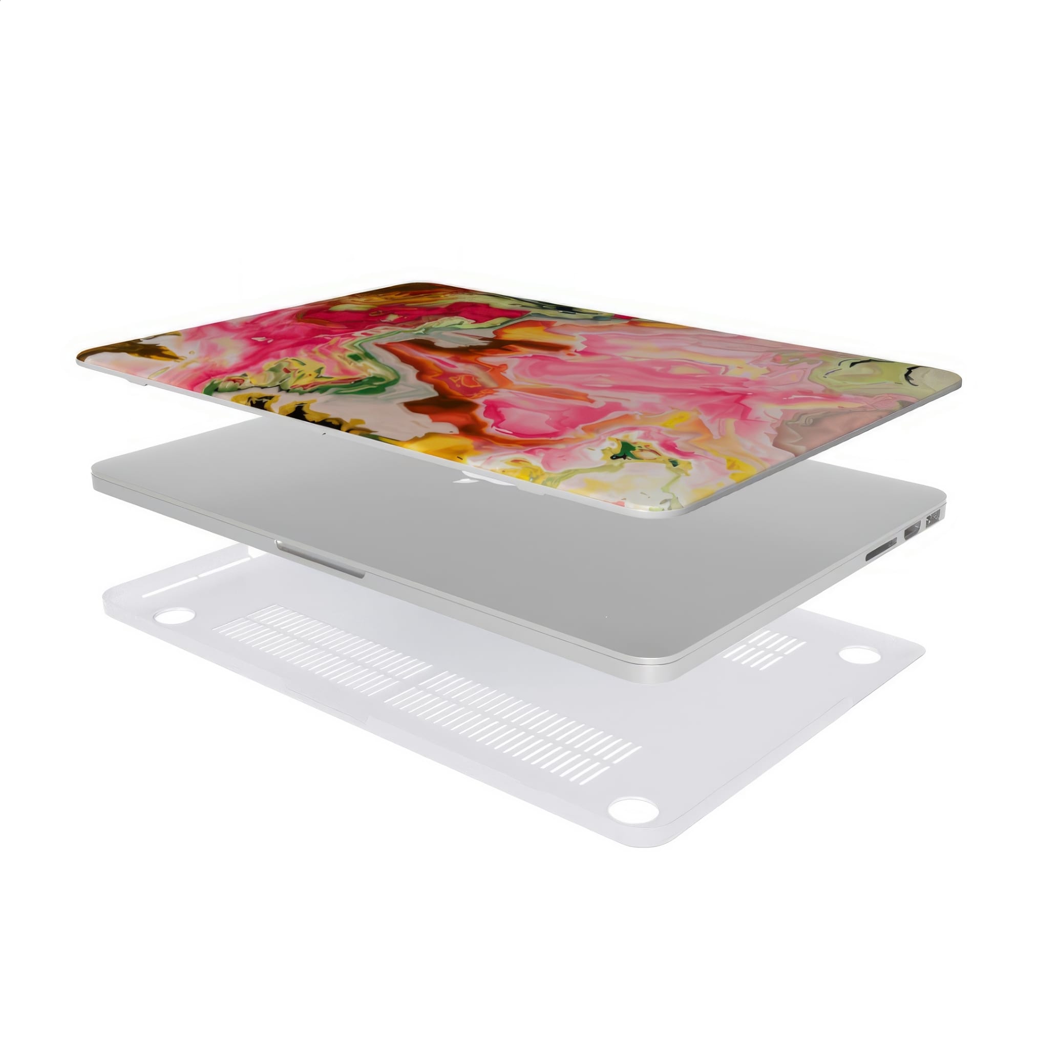 MacBook case extend view; Neon Pink pattern, artistic, abstract marble pattern. Pink and green color combination.