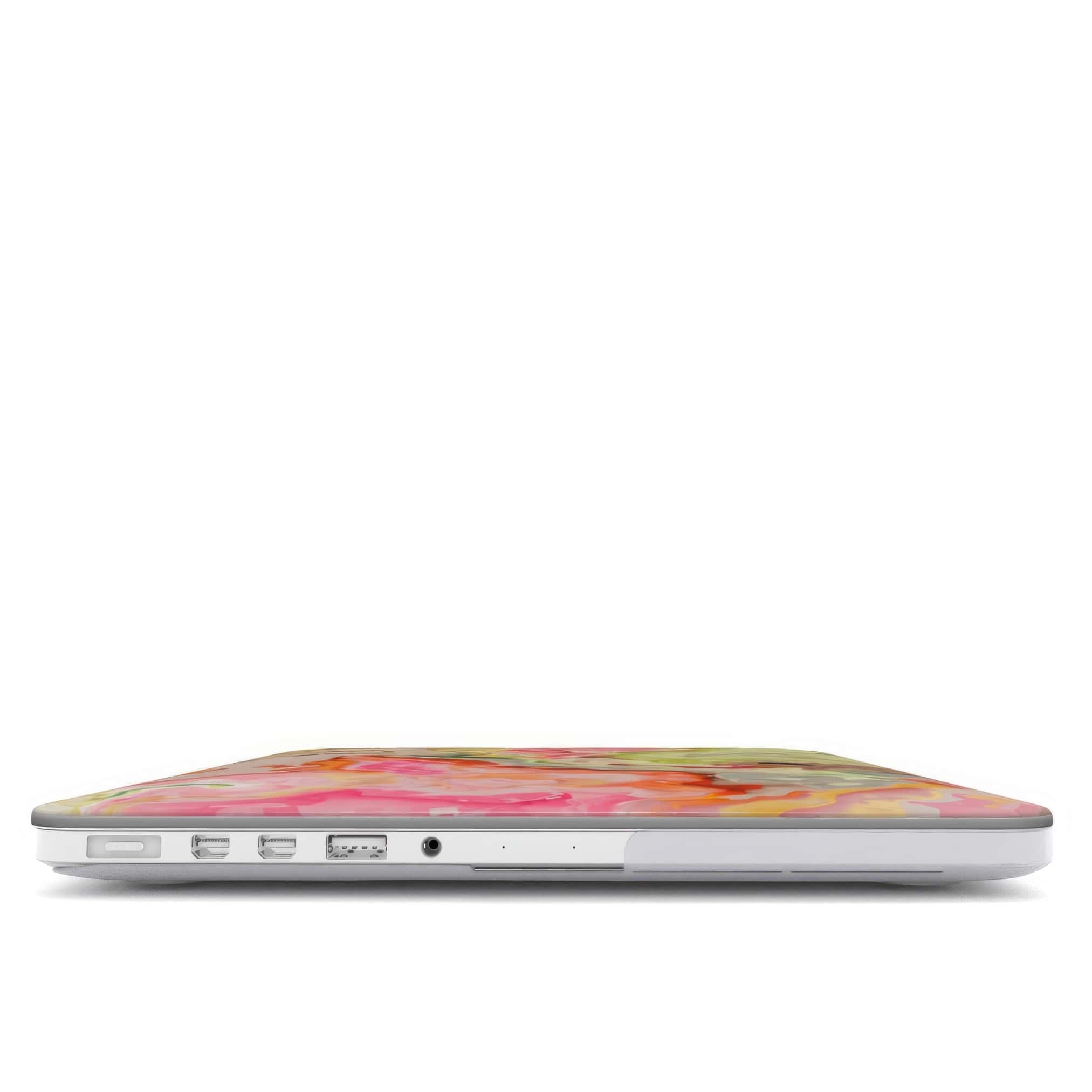 MacBook case closed view; Neon Pink Light pattern, artistic, abstract marble pattern. Light pink and green color combination. 