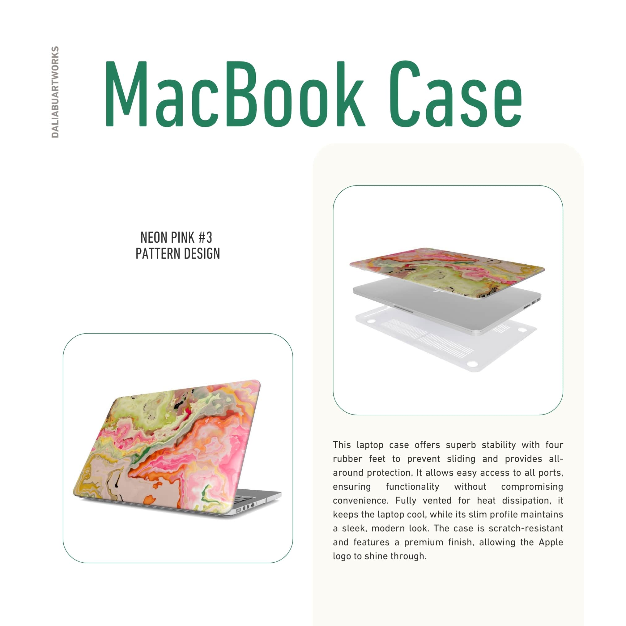 MacBook case side view; Neon Pink Light pattern, artistic, abstract marble pattern. Light pink and green color combination. 