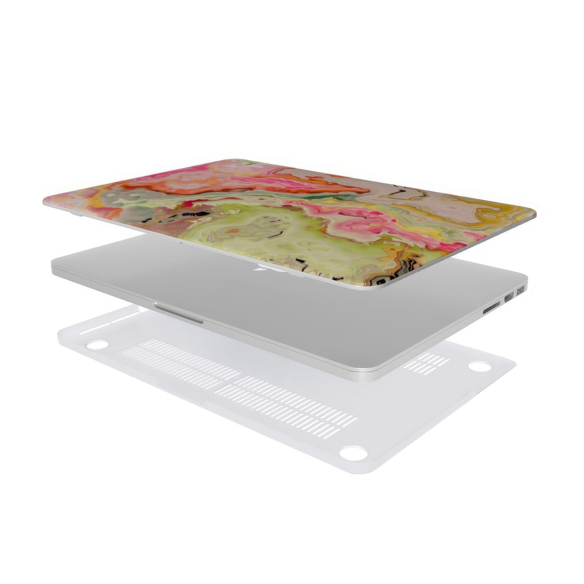 MacBook case extend view; Neon Pink Light pattern, artistic, abstract marble pattern. Light pink and green color combination. 