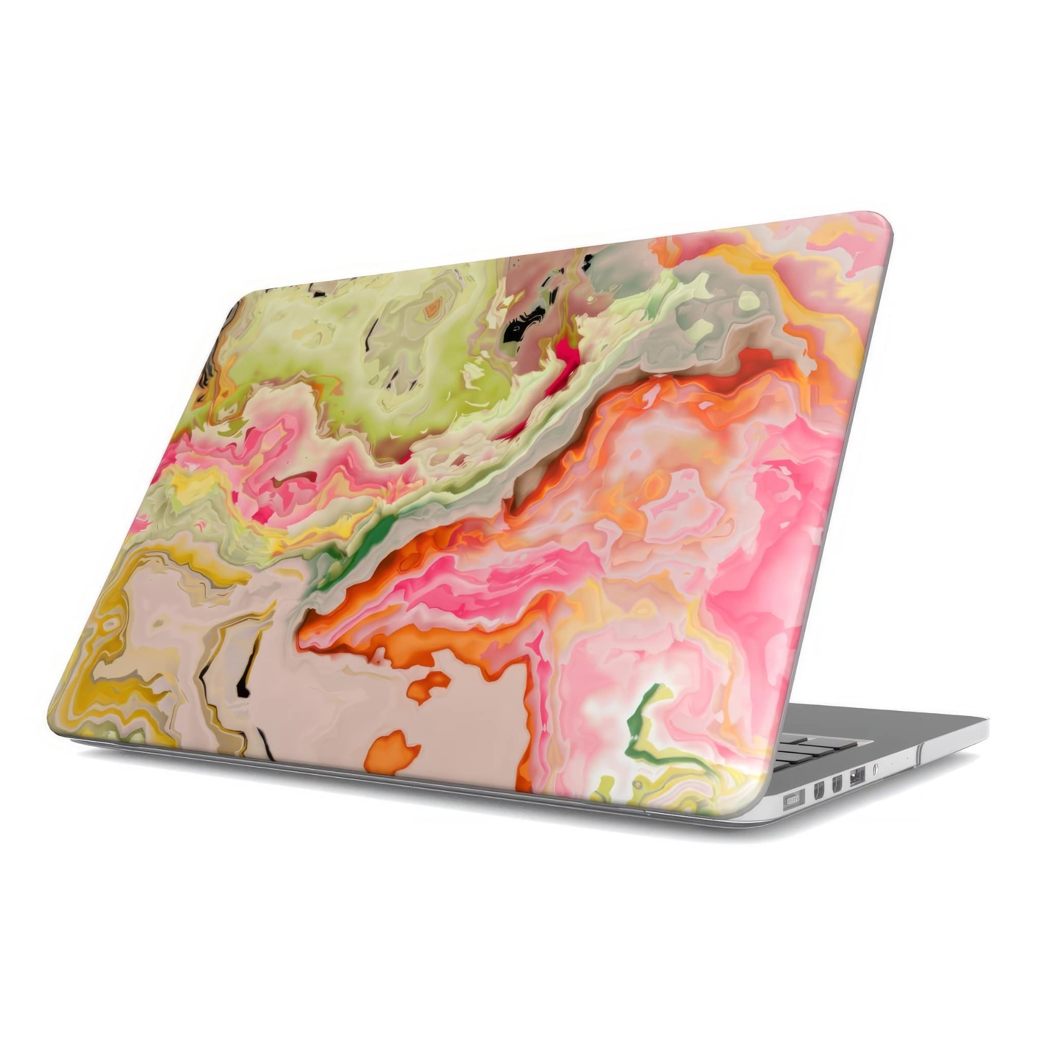 MacBook case side view; Neon Pink Light pattern, artistic, abstract marble pattern. Light pink and green color combination. Bold expressive aesthetic design. Colorful and interior fit.