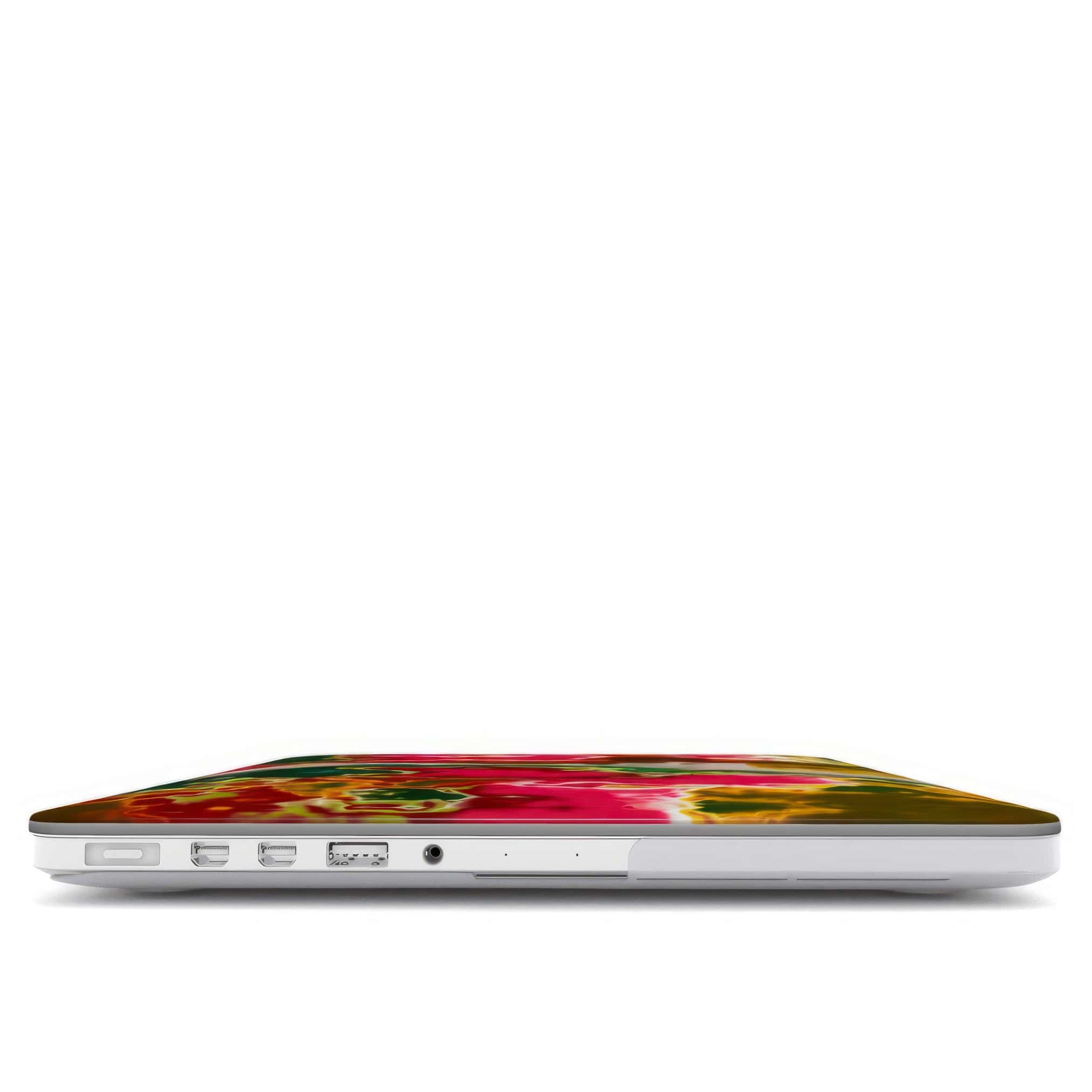 MacBook case closed view; Neon Pink Rich pattern, artistic, abstract marble pattern. Pink and green color combination.