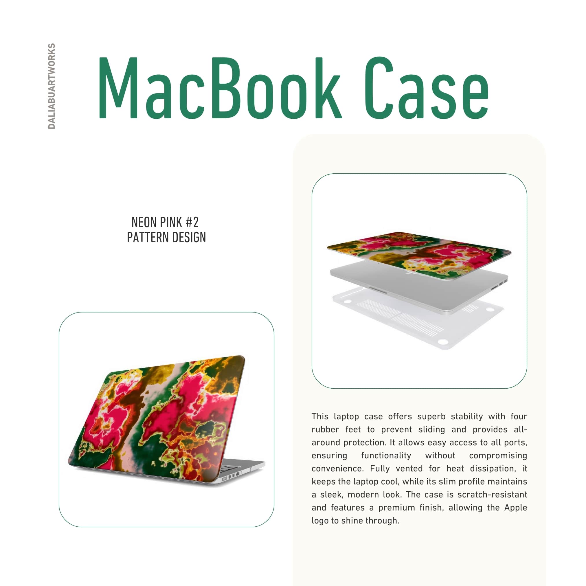 MacBook case side view; Neon Pink Rich pattern, artistic, abstract marble pattern. Pink and green color combination.